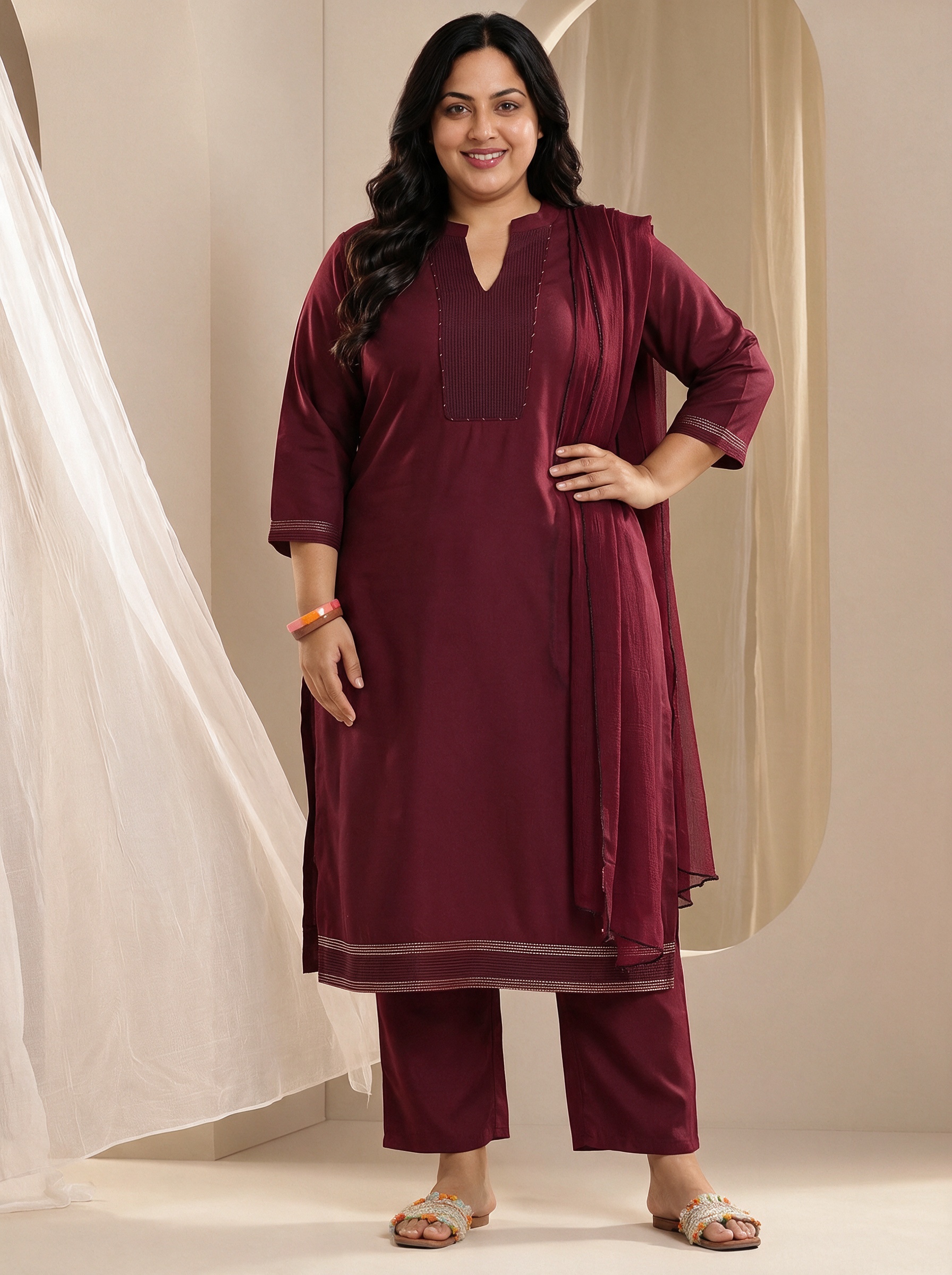 Maroon Embroidered Top and Trousers Set