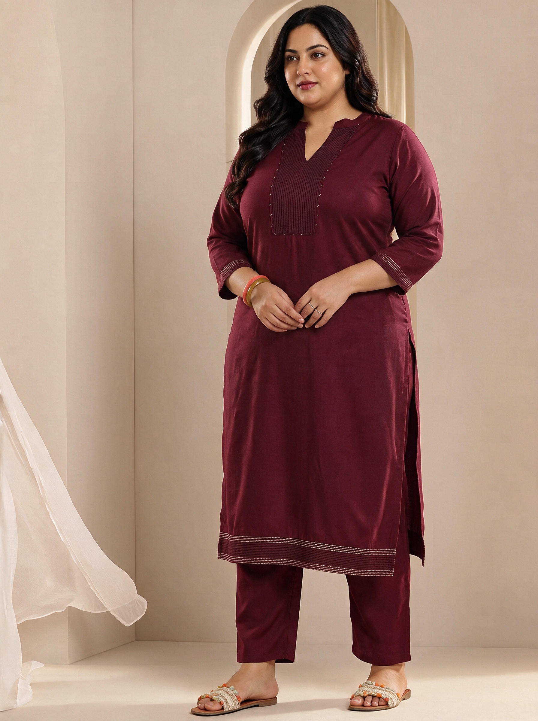 Maroon Embroidered Top and Trousers Set