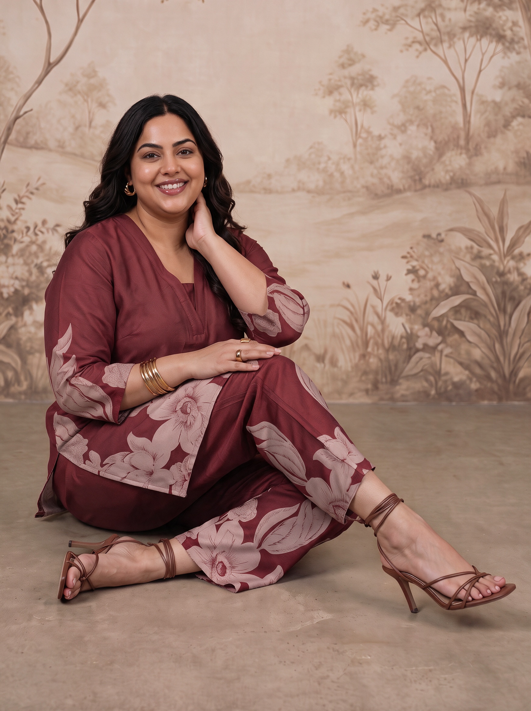 Maroon Printed Top and Straight Leg Set