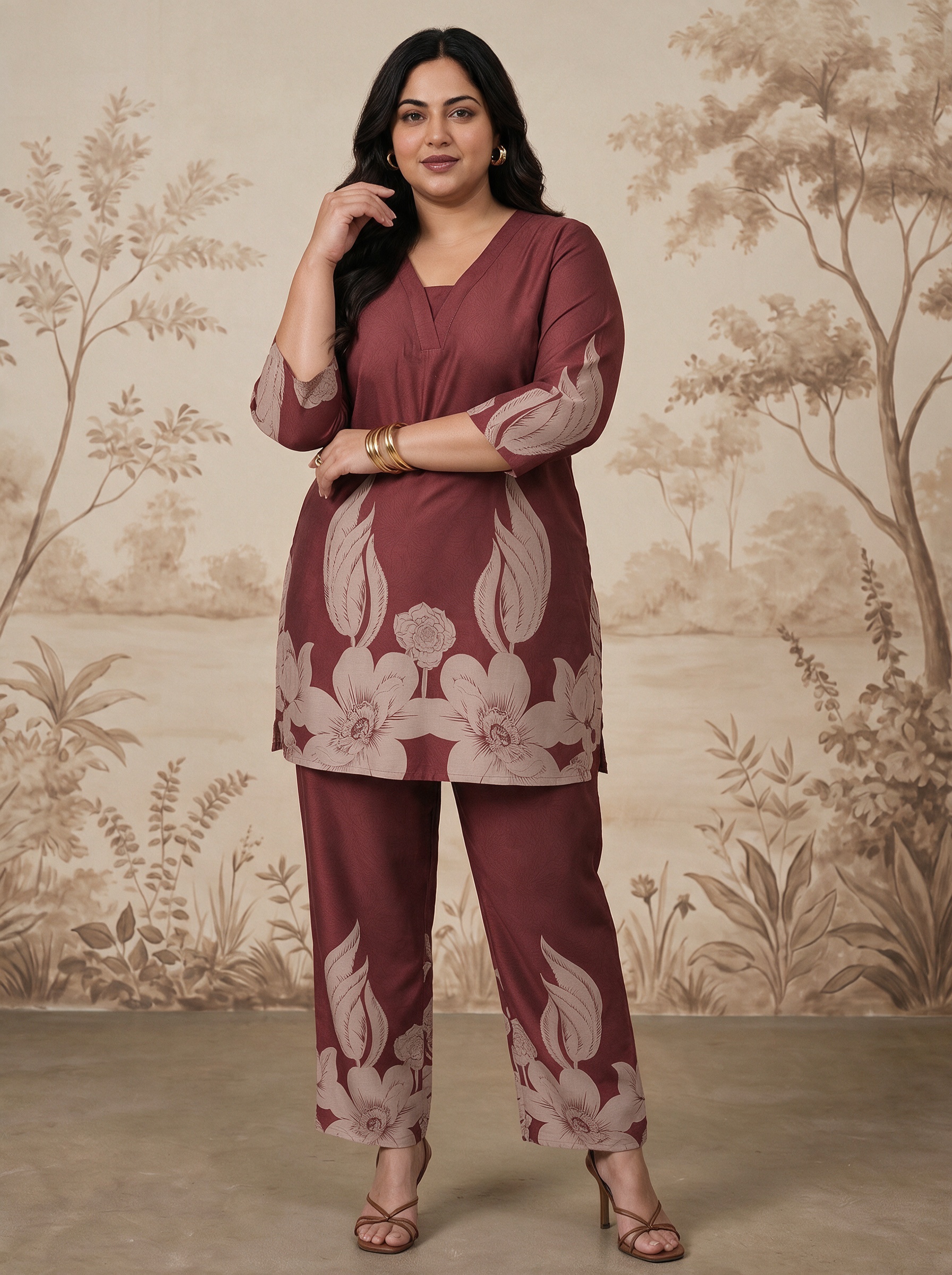 Maroon Printed Top and Straight Leg Set