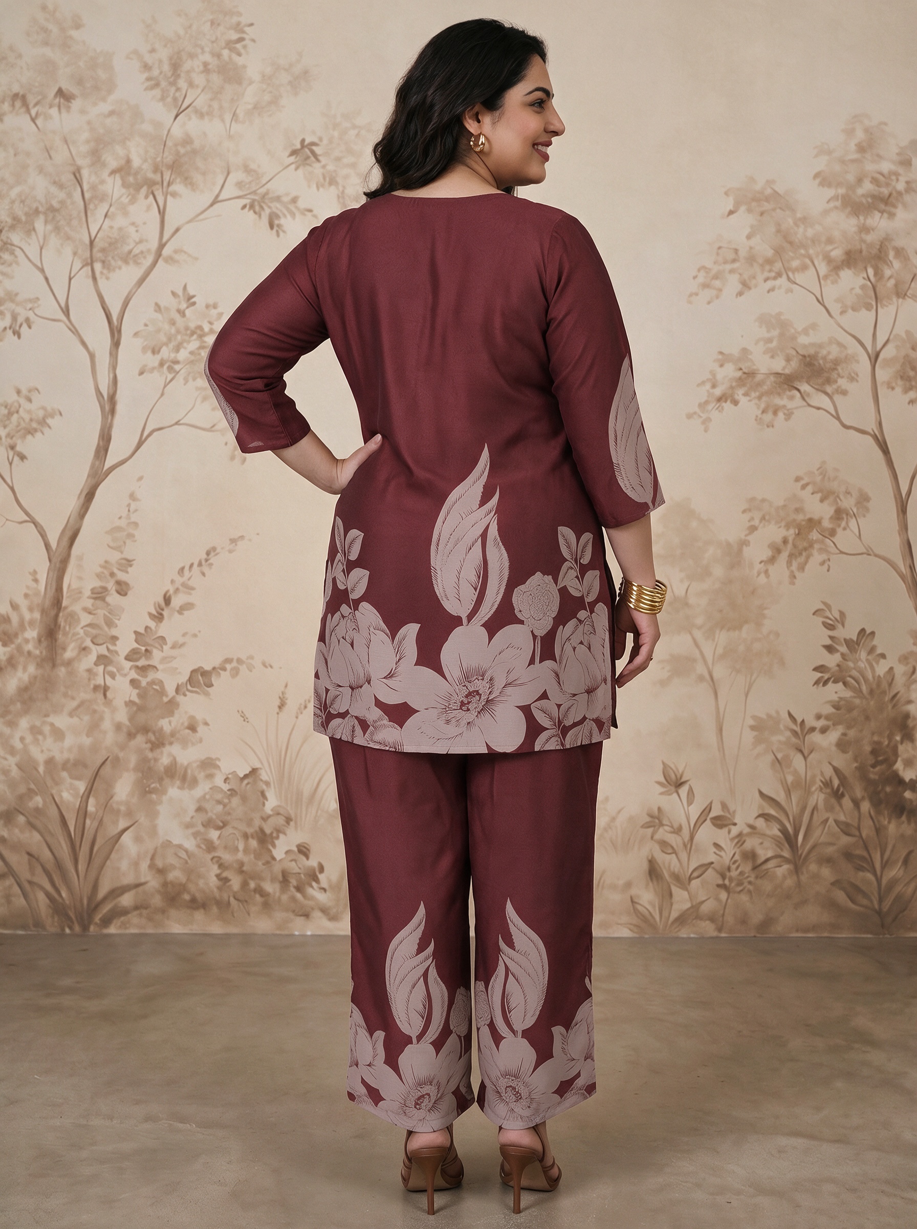Maroon Printed Top and Straight Leg Set