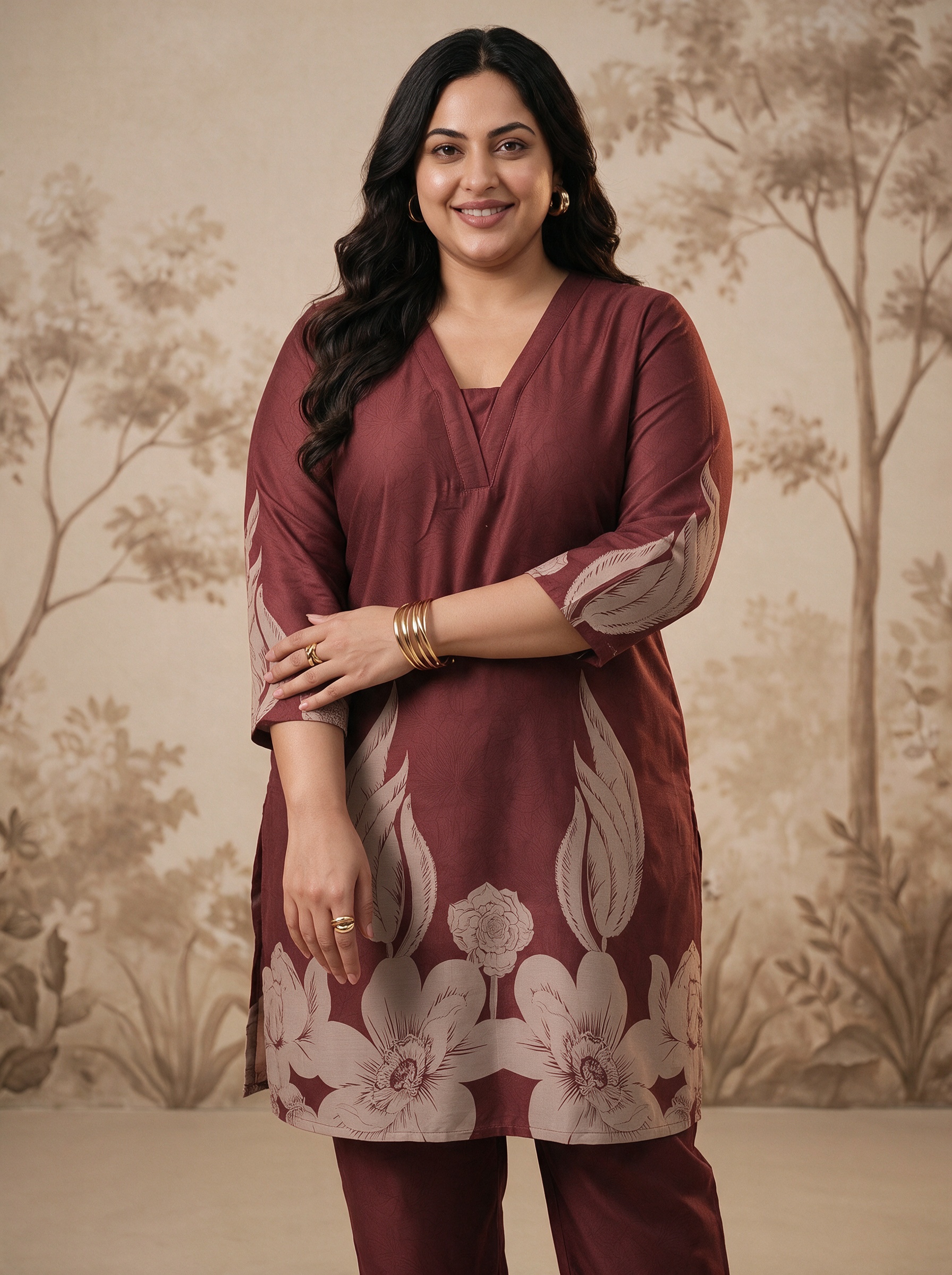 Maroon Printed Top and Straight Leg Set