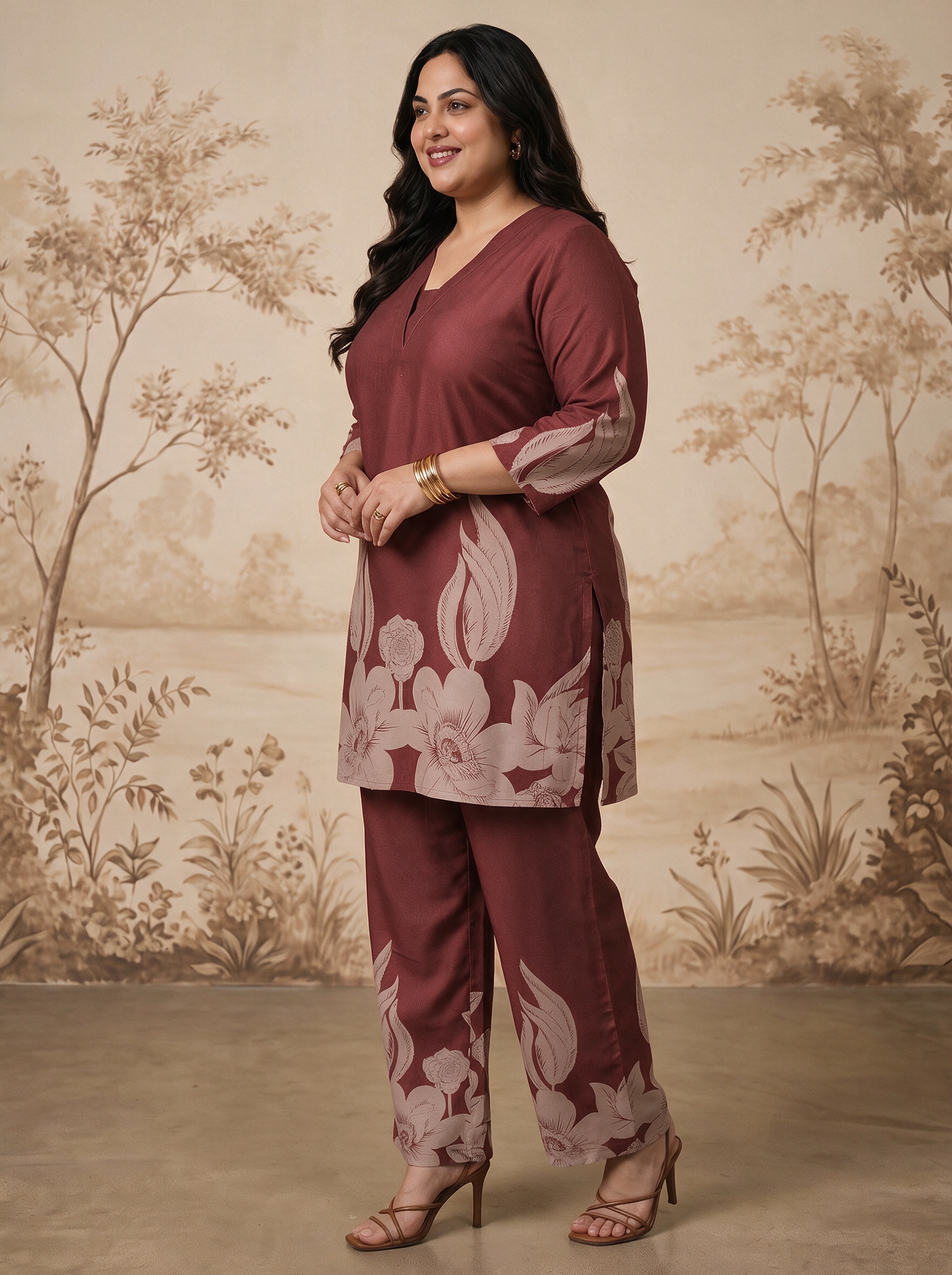 Maroon Printed Top and Straight Leg Set
