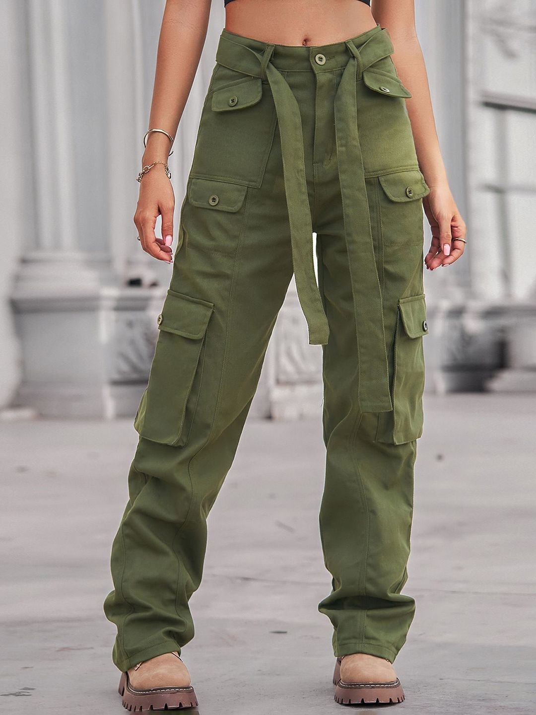 Olive Solid Cargo Pants