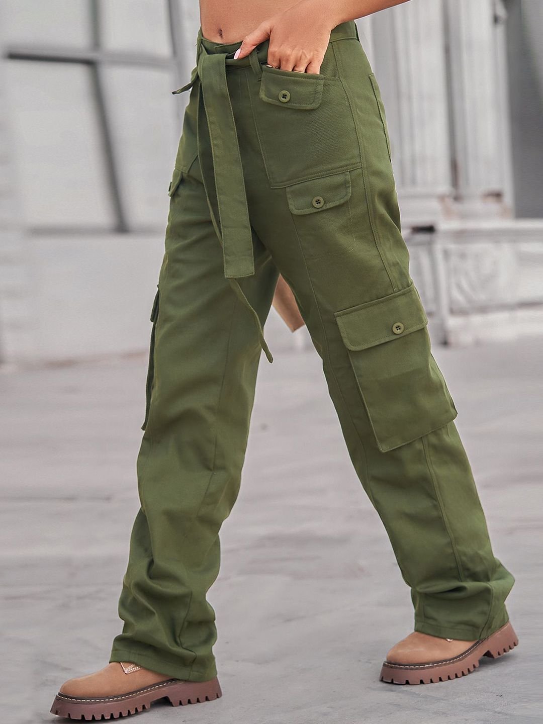 Olive Solid Cargo Pants