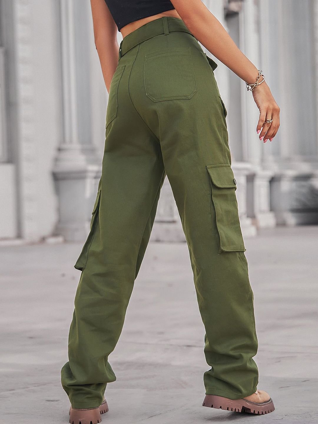 Olive Solid Cargo Pants