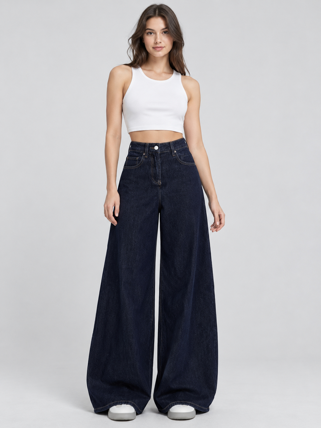 Dark Blue Mid Rise Wide Leg Jeans