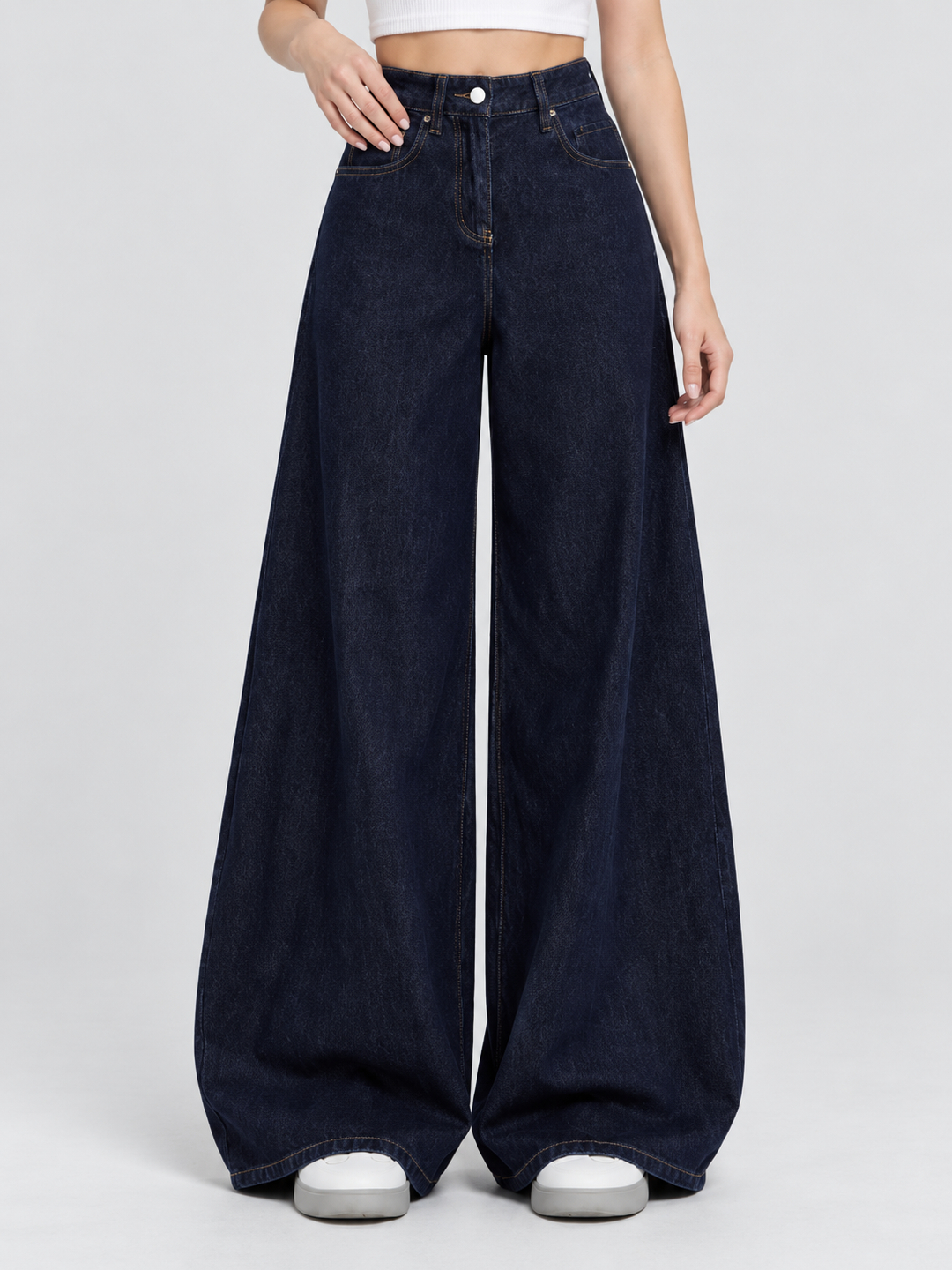 Dark Blue Mid Rise Wide Leg Jeans