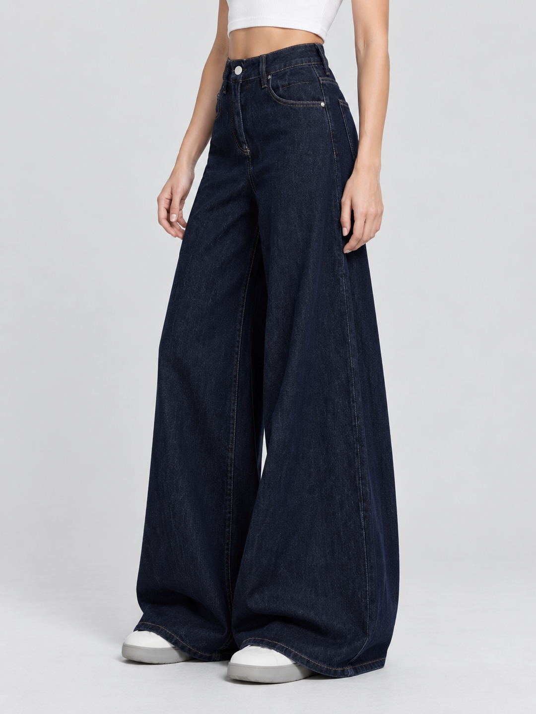 Dark Blue Mid Rise Wide Leg Jeans