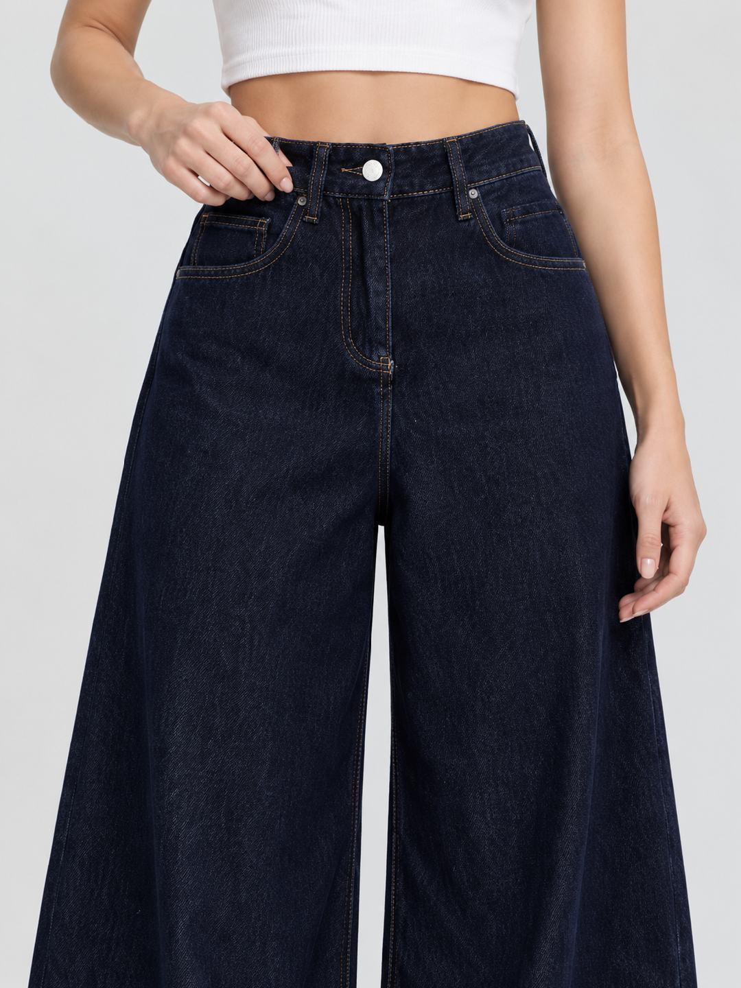 Dark Blue Mid Rise Wide Leg Jeans