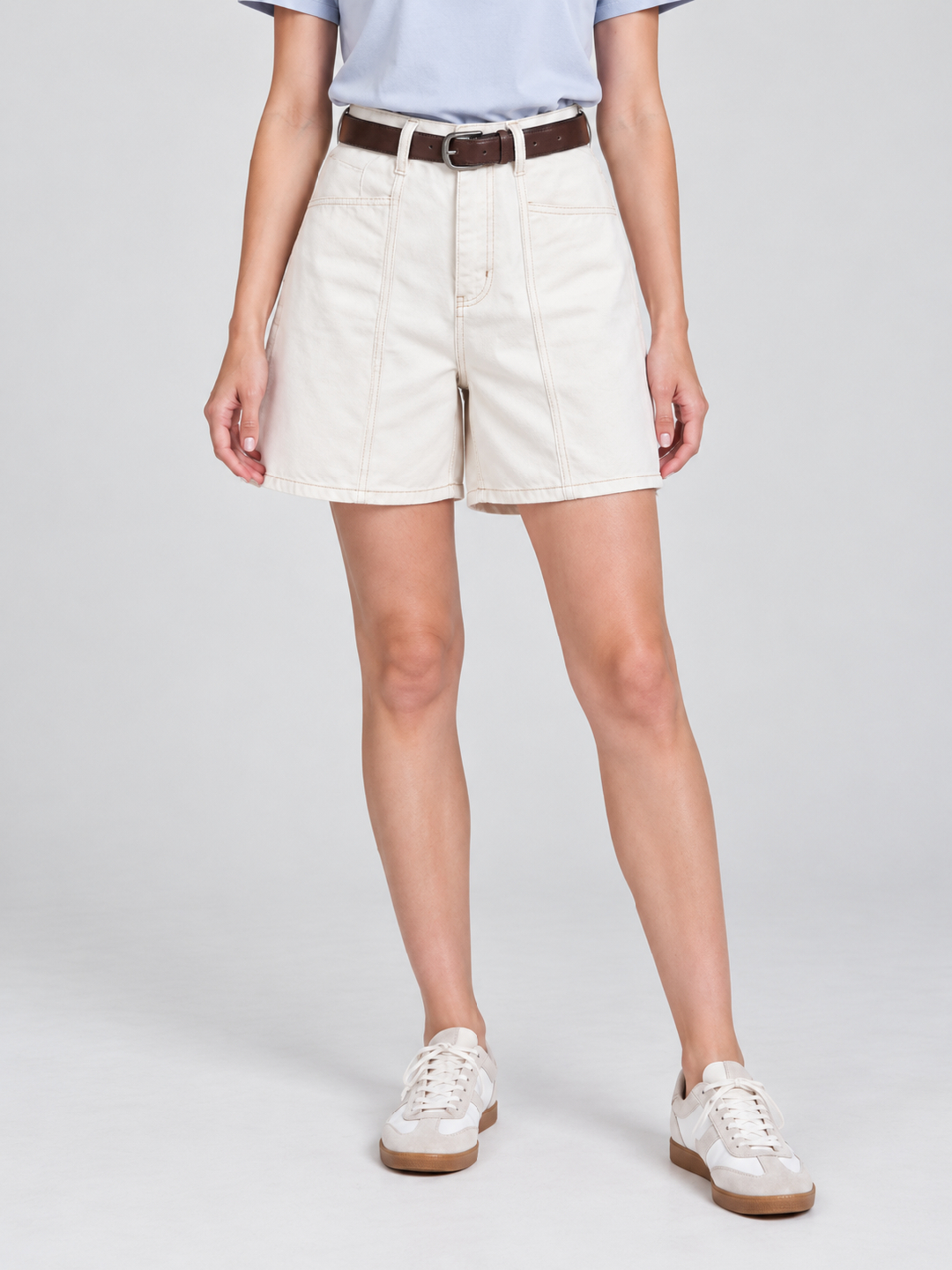 Off White Solid Regular Shorts