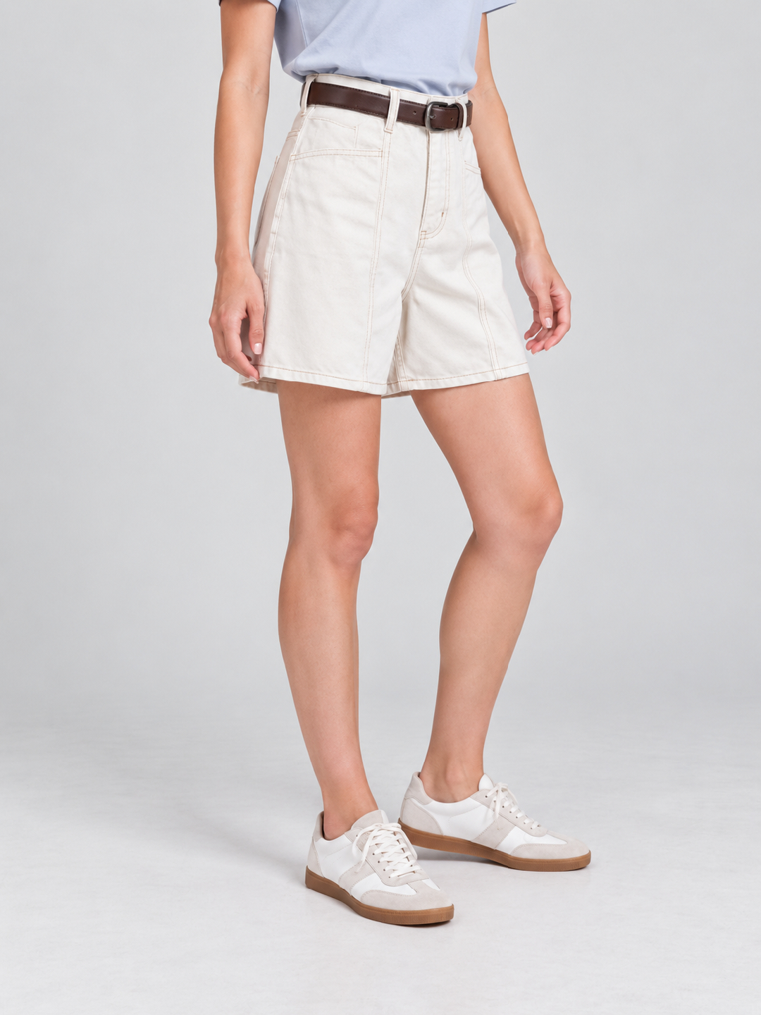 Off White Solid Regular Shorts