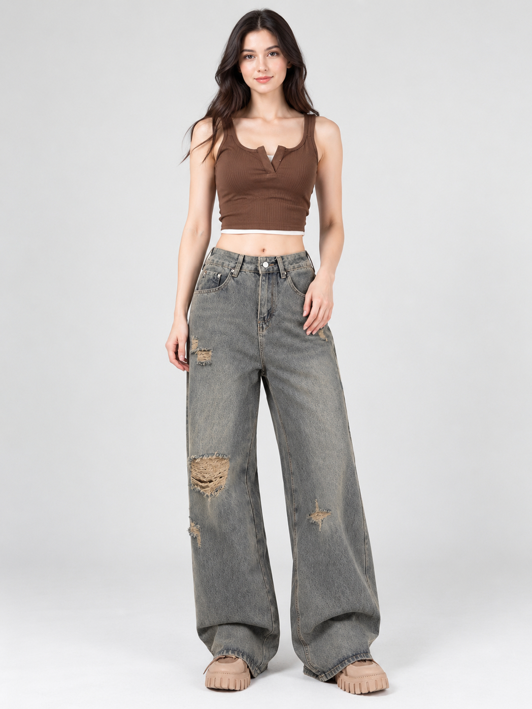Grey Mid Rise Wide Leg Jeans