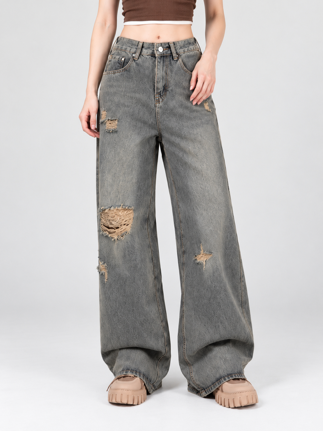 Grey Mid Rise Wide Leg Jeans