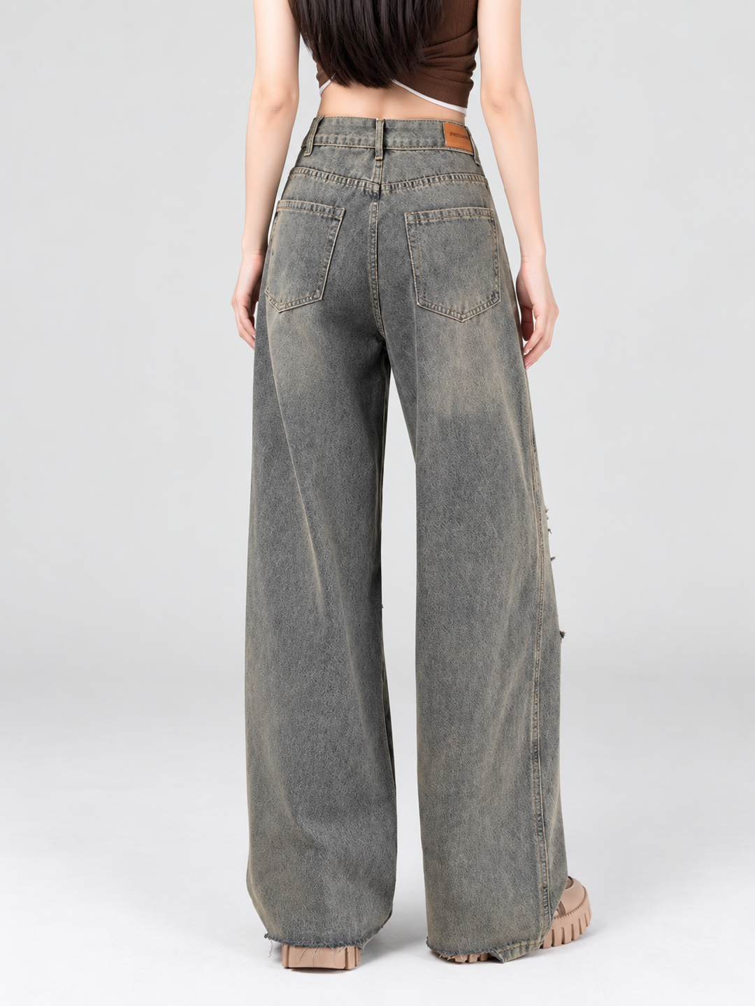 Grey Mid Rise Wide Leg Jeans