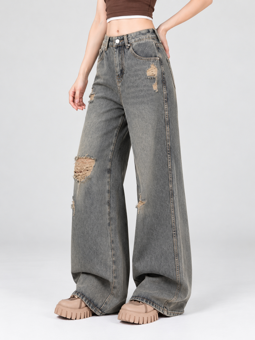 Grey Mid Rise Wide Leg Jeans