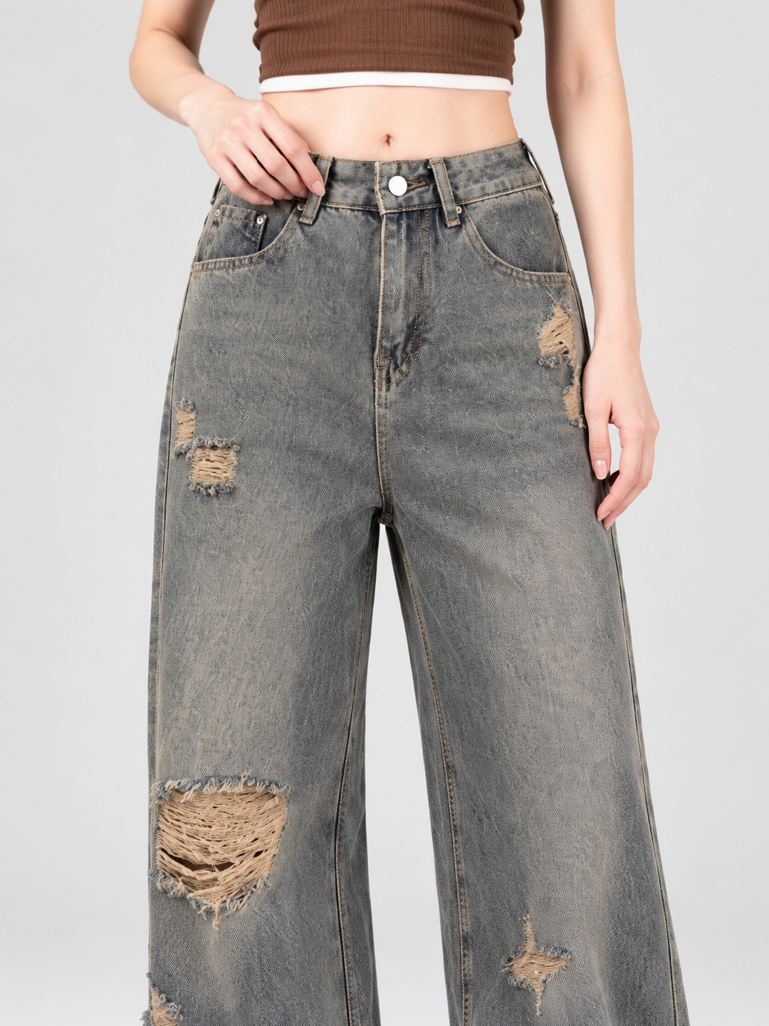 Grey Mid Rise Wide Leg Jeans