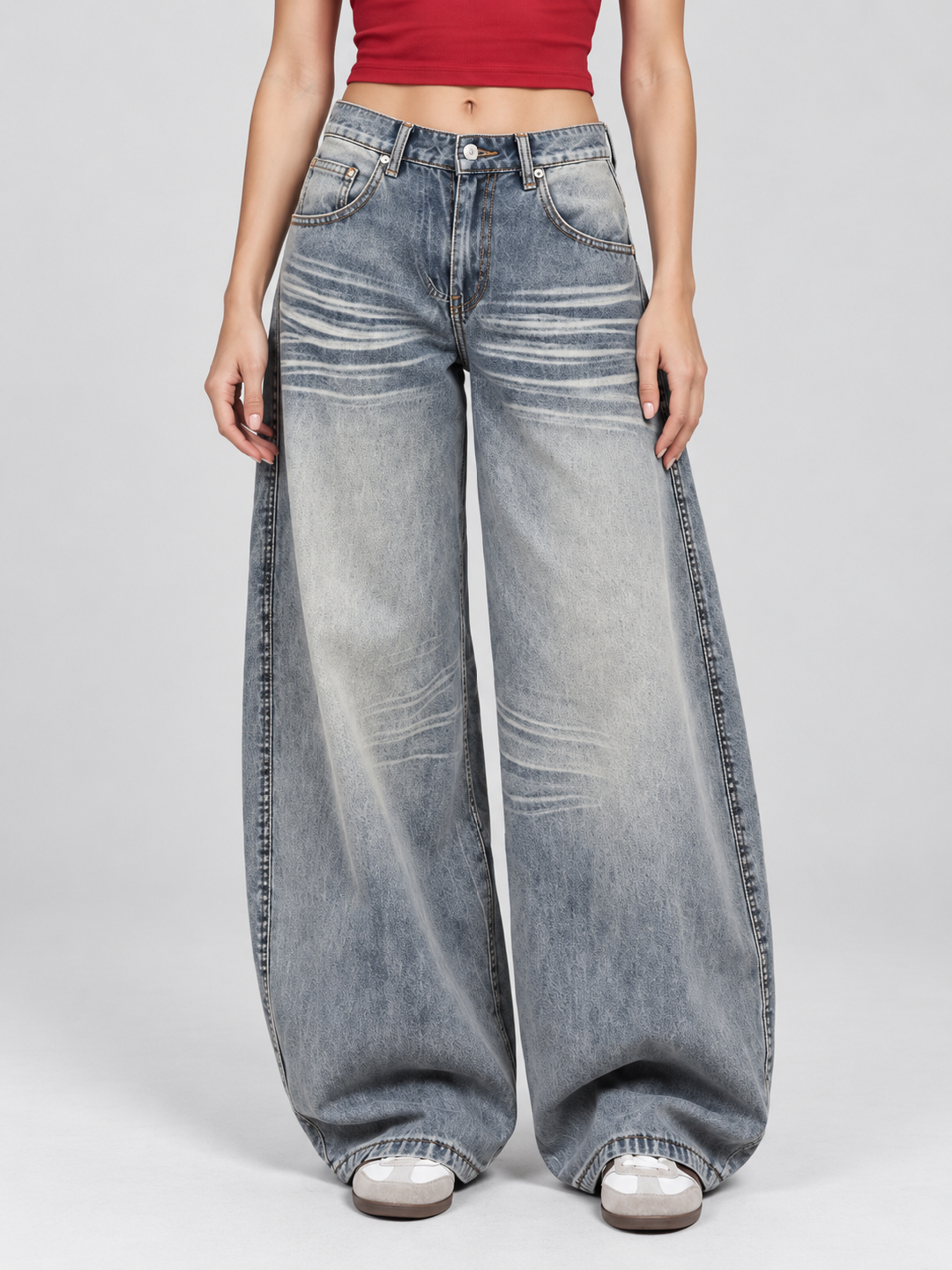 Blue Mid Rise Wide Leg Jeans