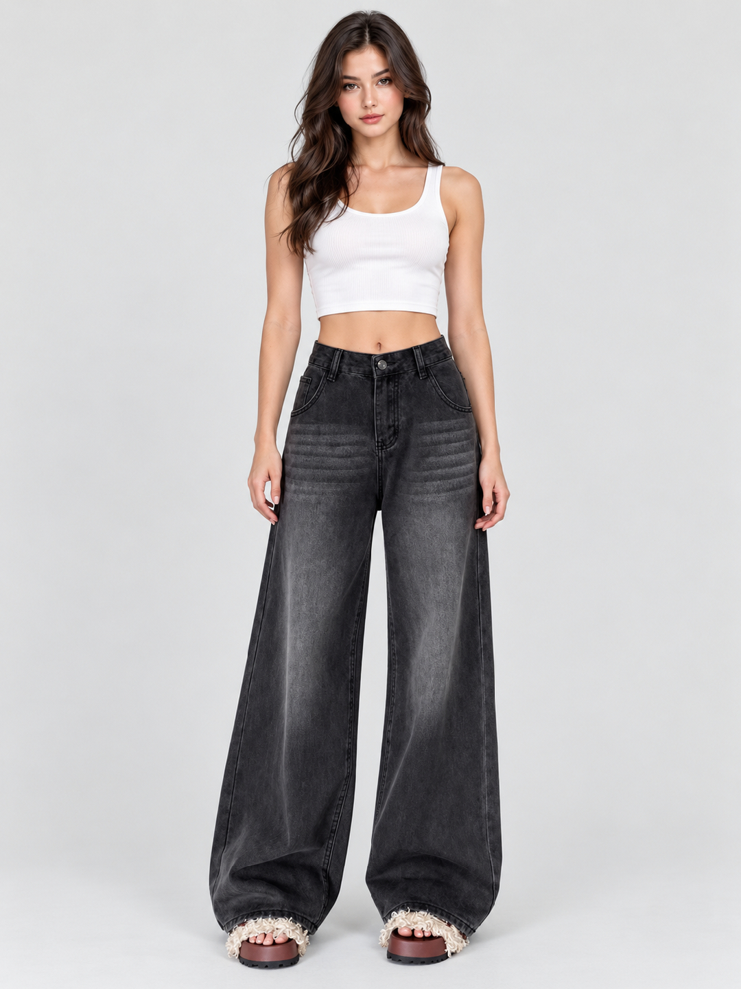 Charcoal Mid Rise Wide Leg Jeans