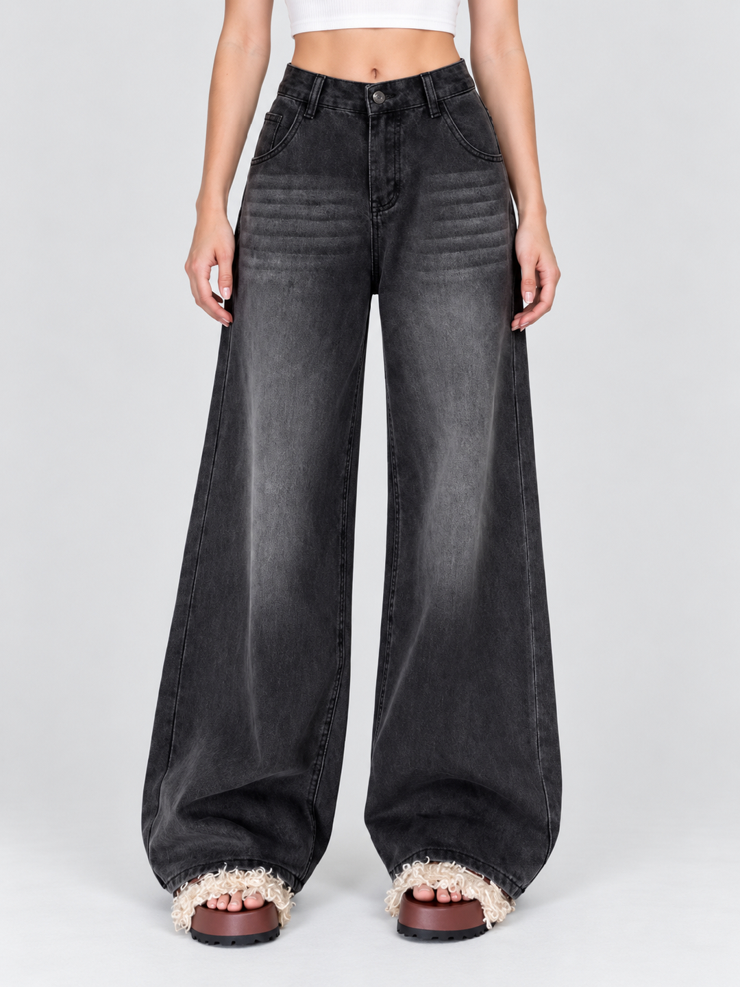 Charcoal Mid Rise Wide Leg Jeans