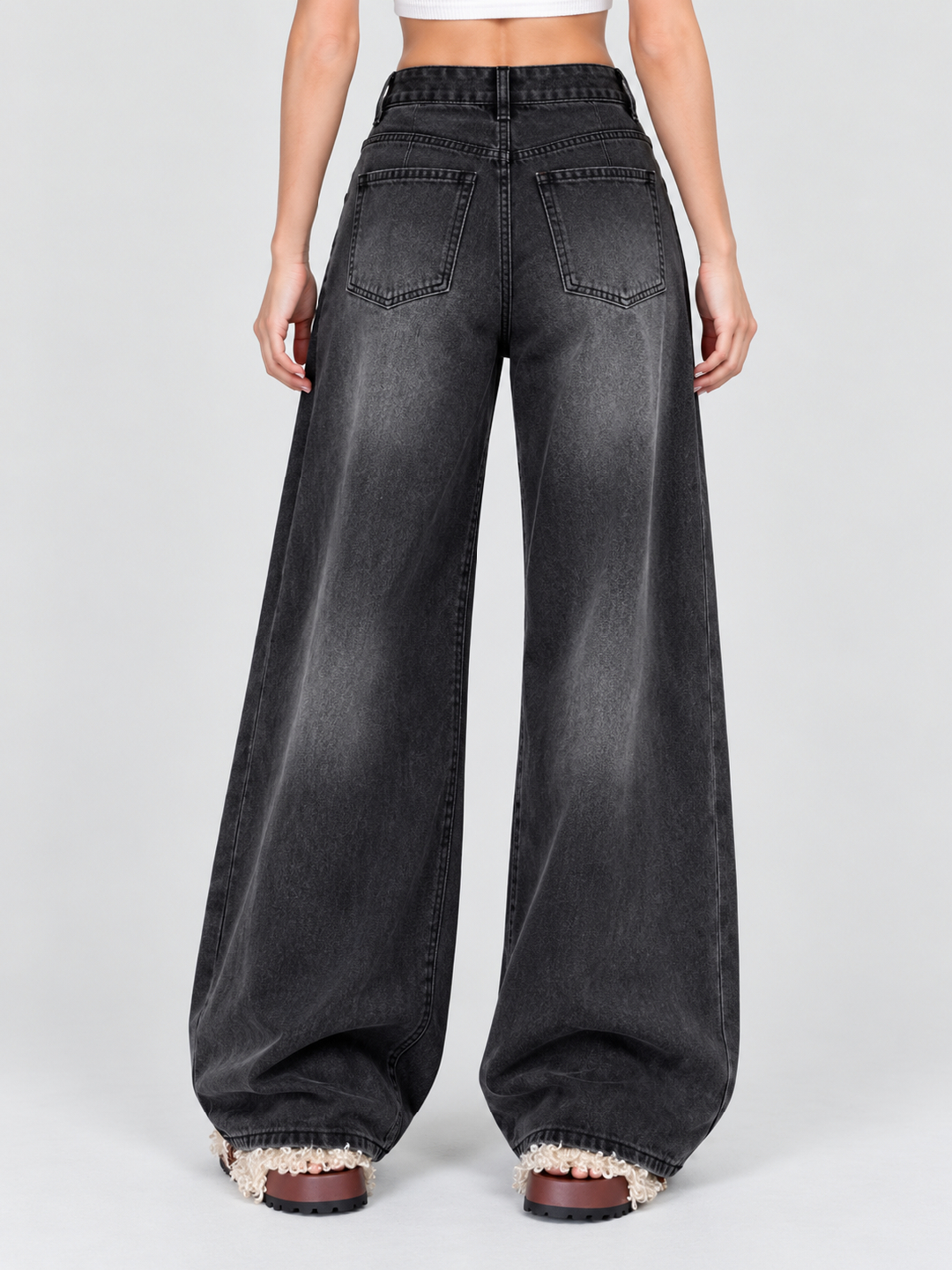 Charcoal Mid Rise Wide Leg Jeans