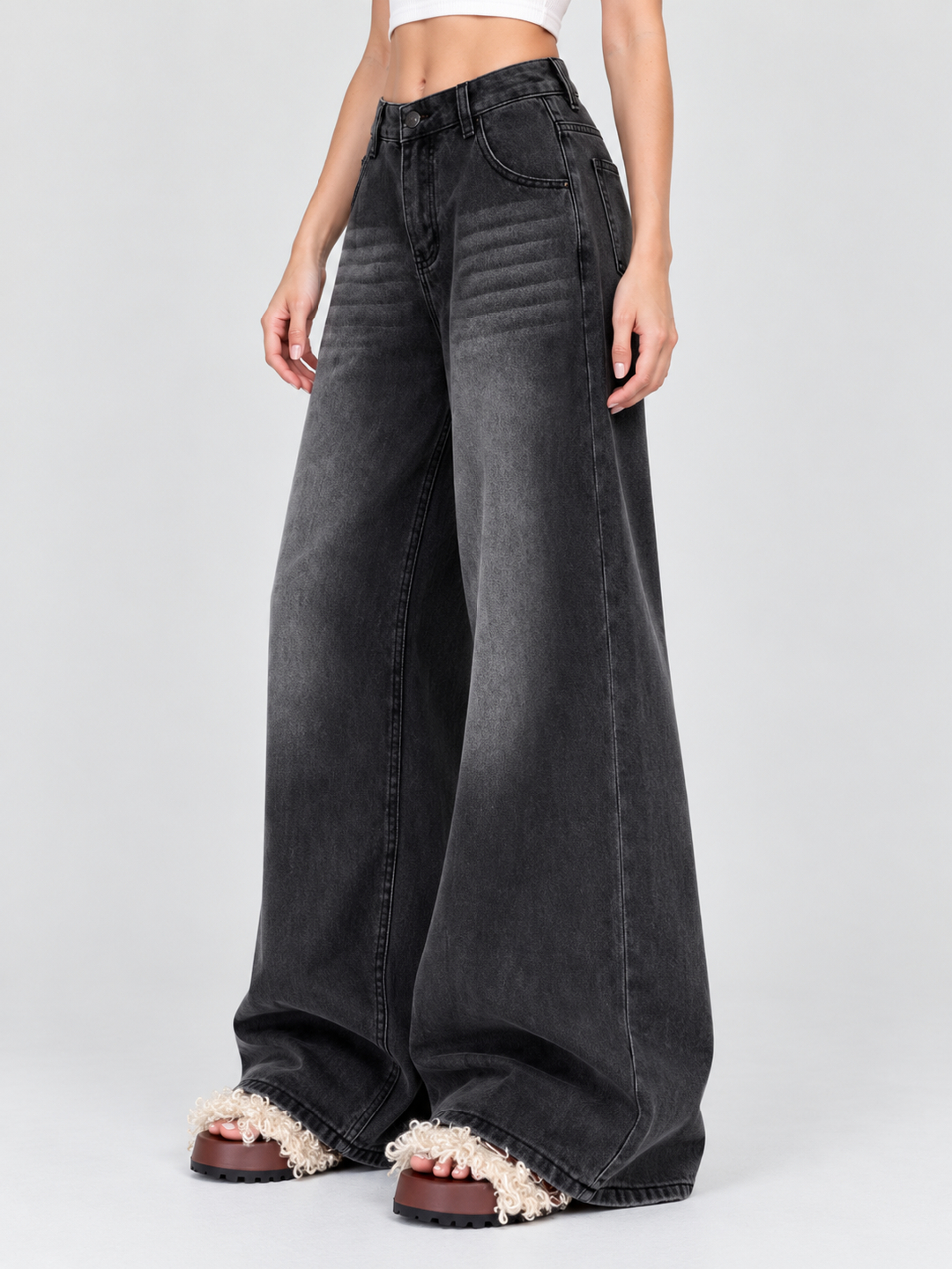 Charcoal Mid Rise Wide Leg Jeans