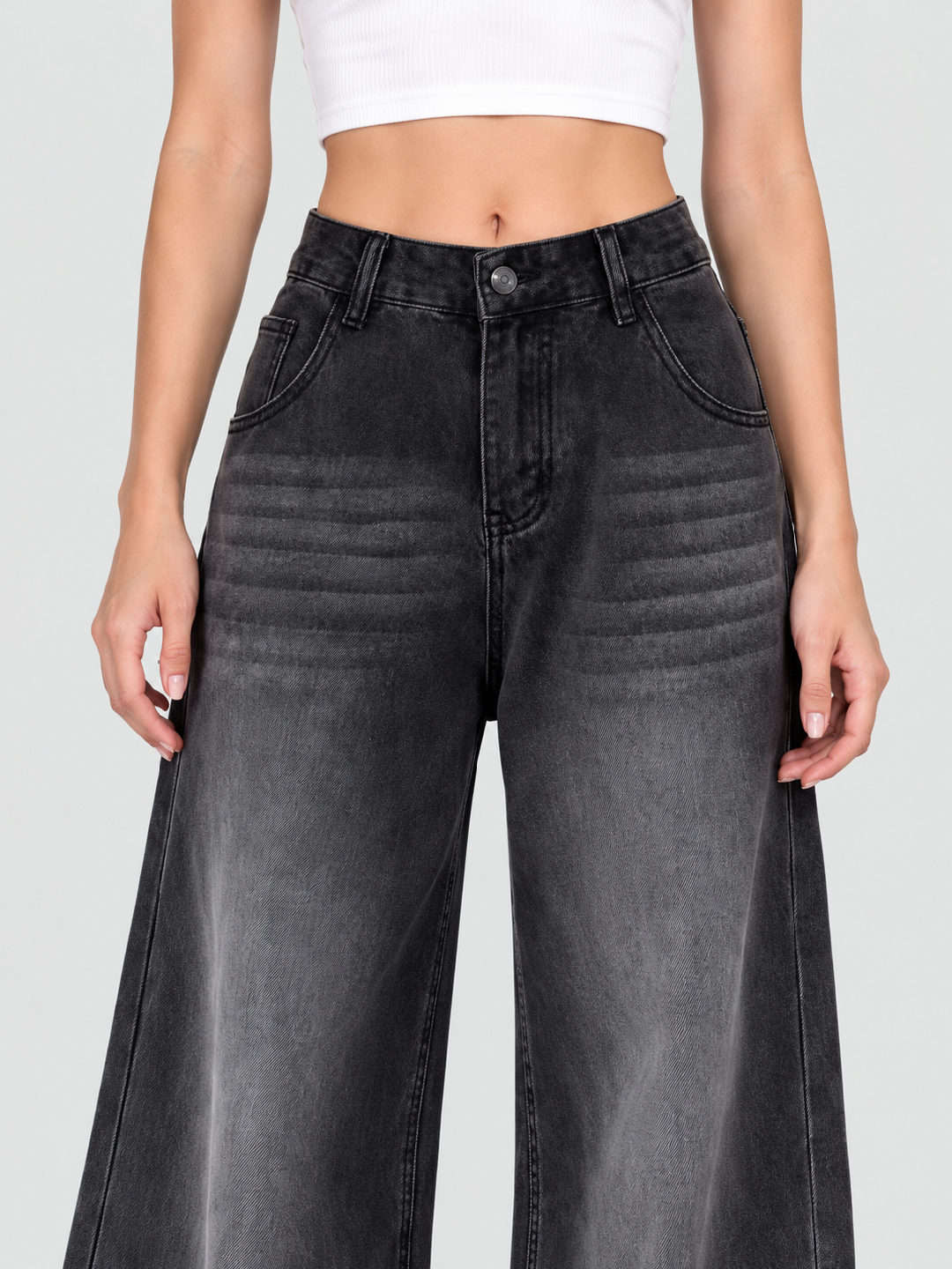 Charcoal Mid Rise Wide Leg Jeans