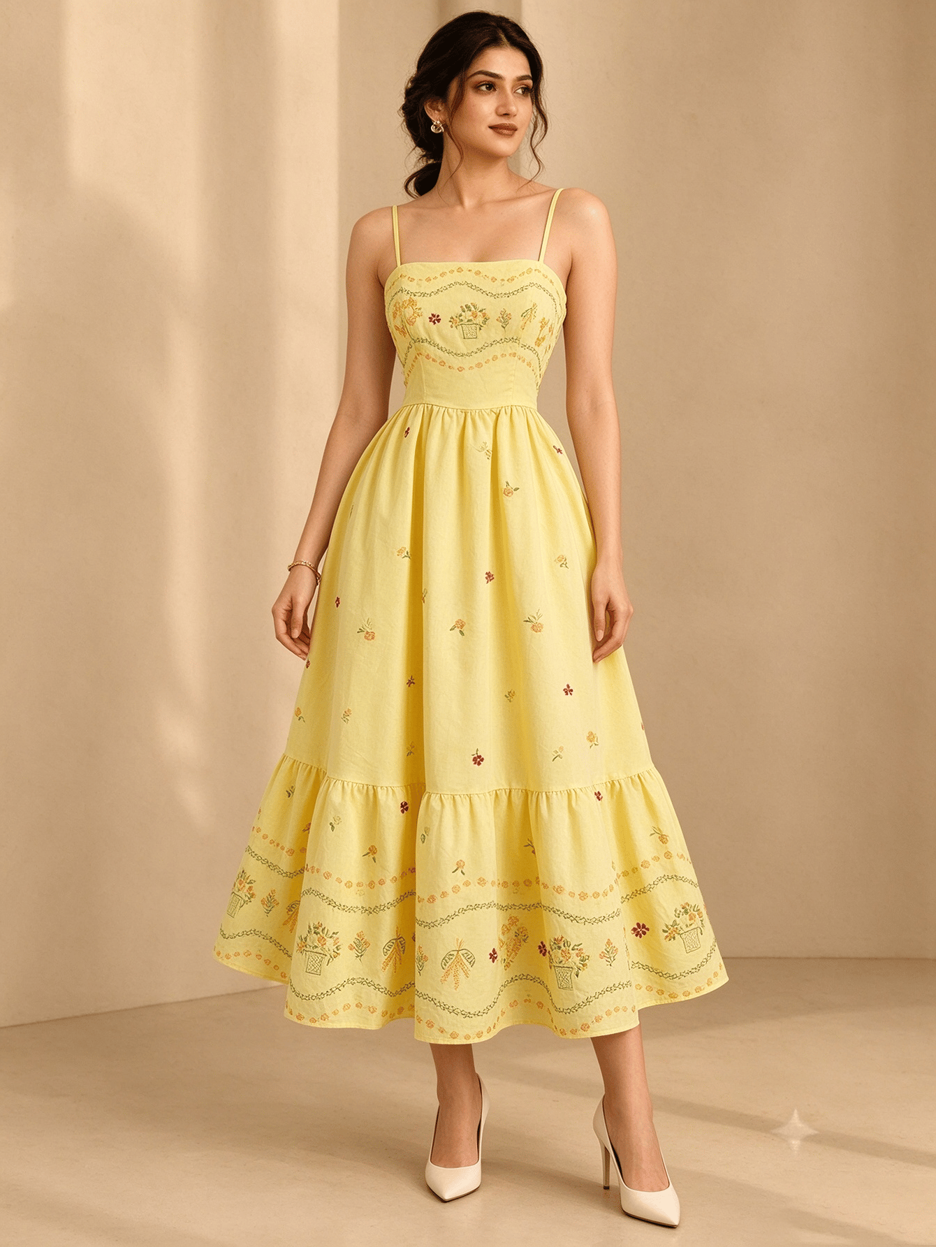 Yellow Embroidered Straight Neck Fit and Flare Midi Dress