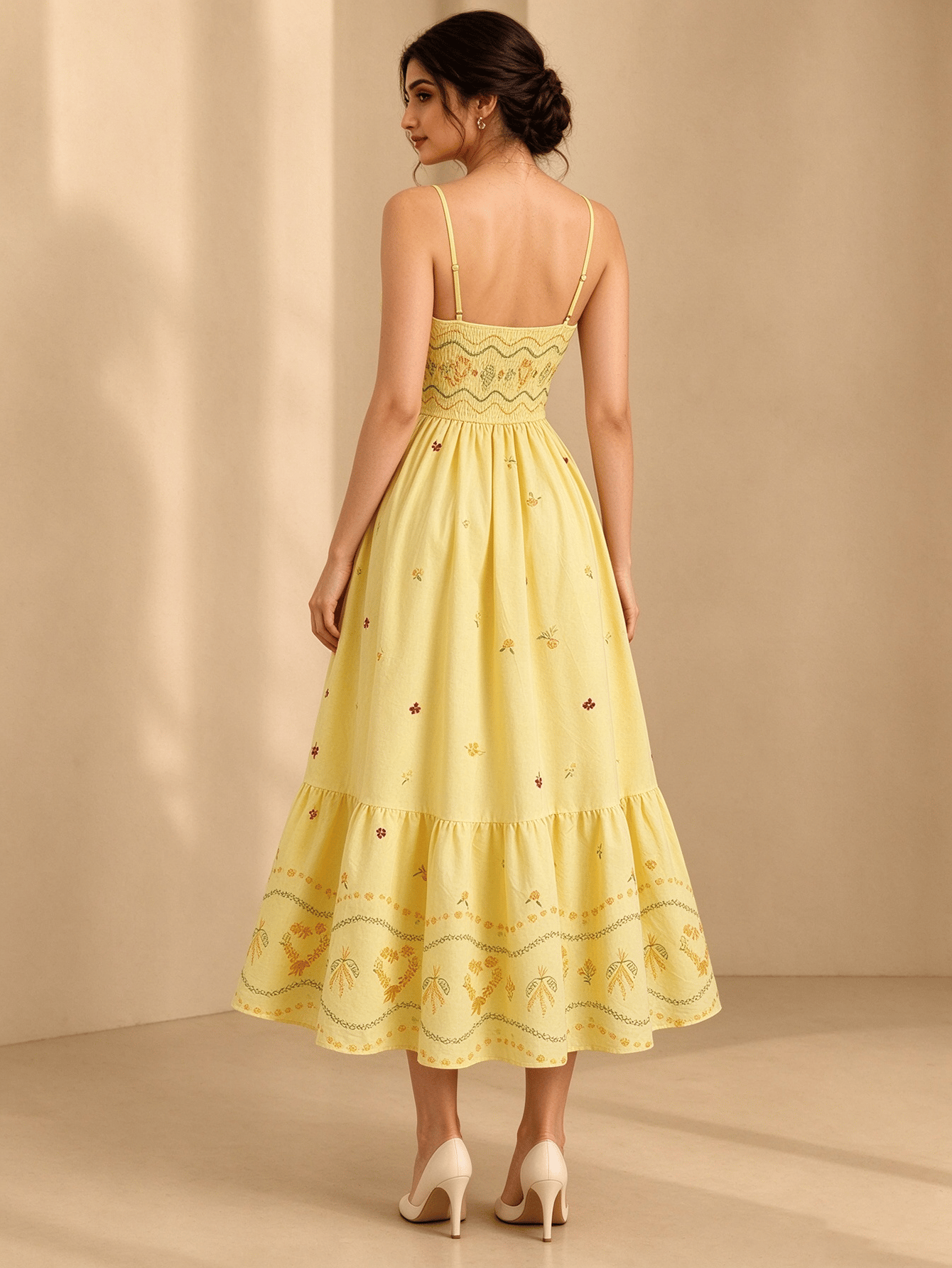 Yellow Embroidered Straight Neck Fit and Flare Midi Dress
