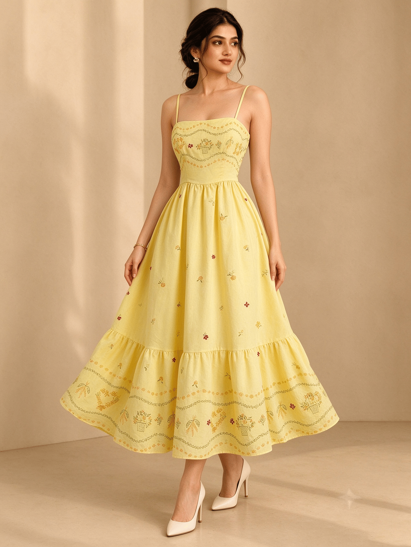 Yellow Embroidered Straight Neck Fit and Flare Midi Dress