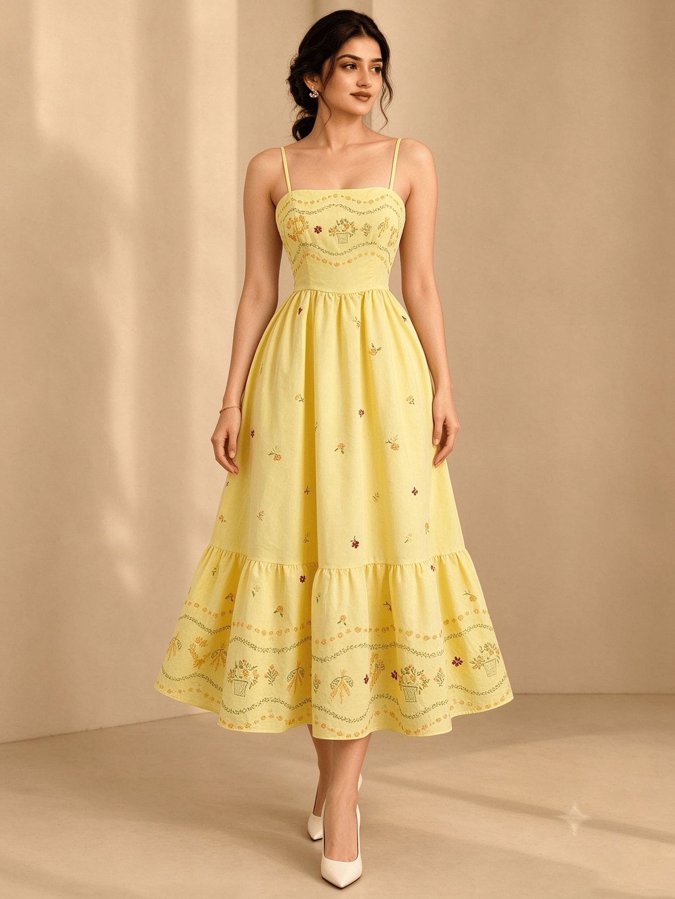 Yellow Embroidered Straight Neck Fit and Flare Midi Dress