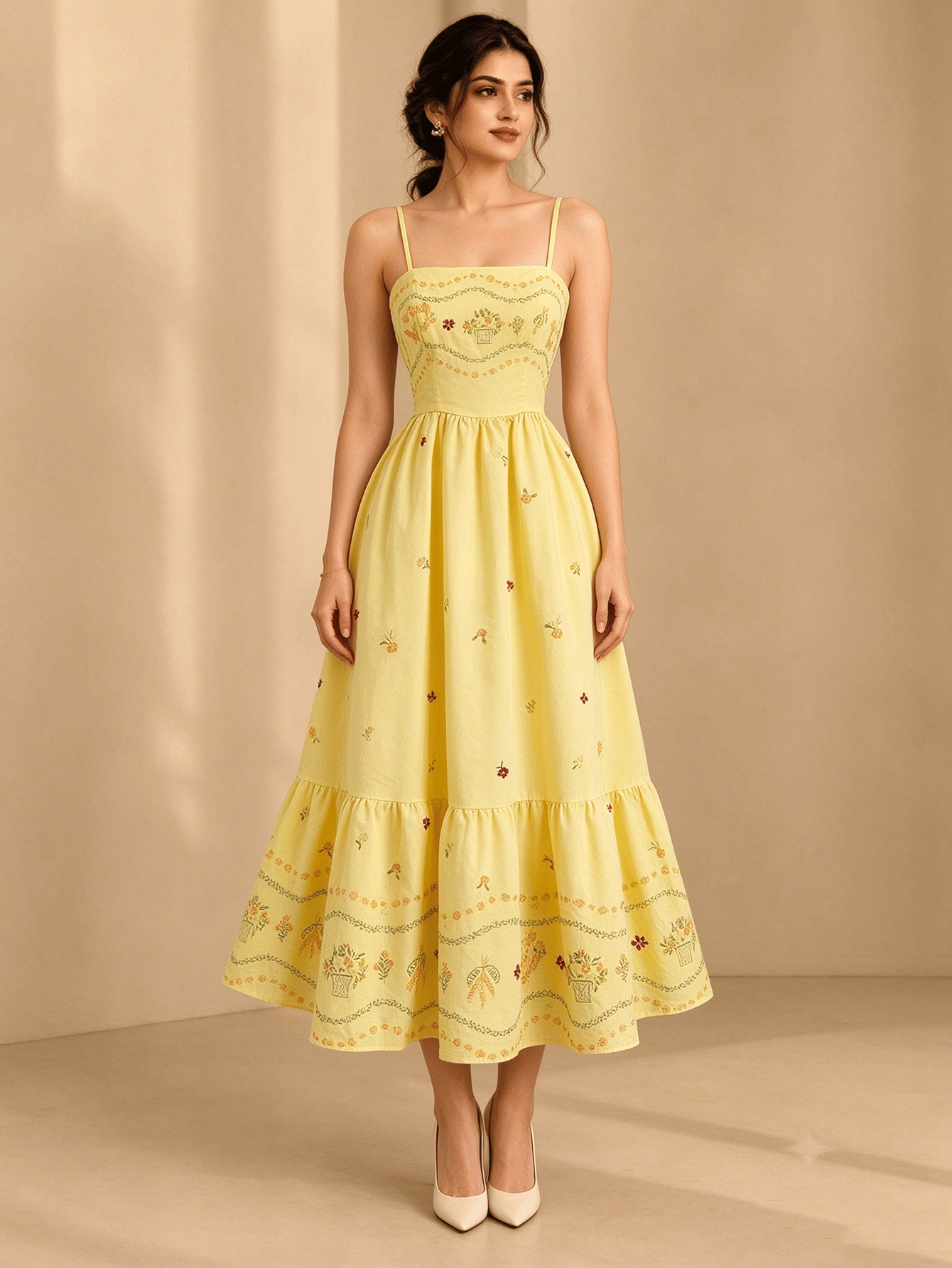 Yellow Embroidered Straight Neck Fit and Flare Midi Dress