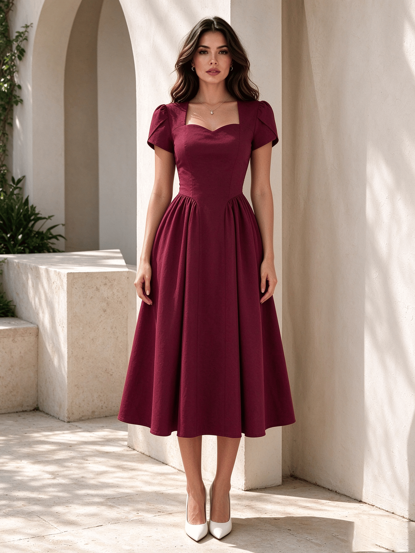 Burgundy Solid Sweetheart Neck Fit and Flare Midi Dress