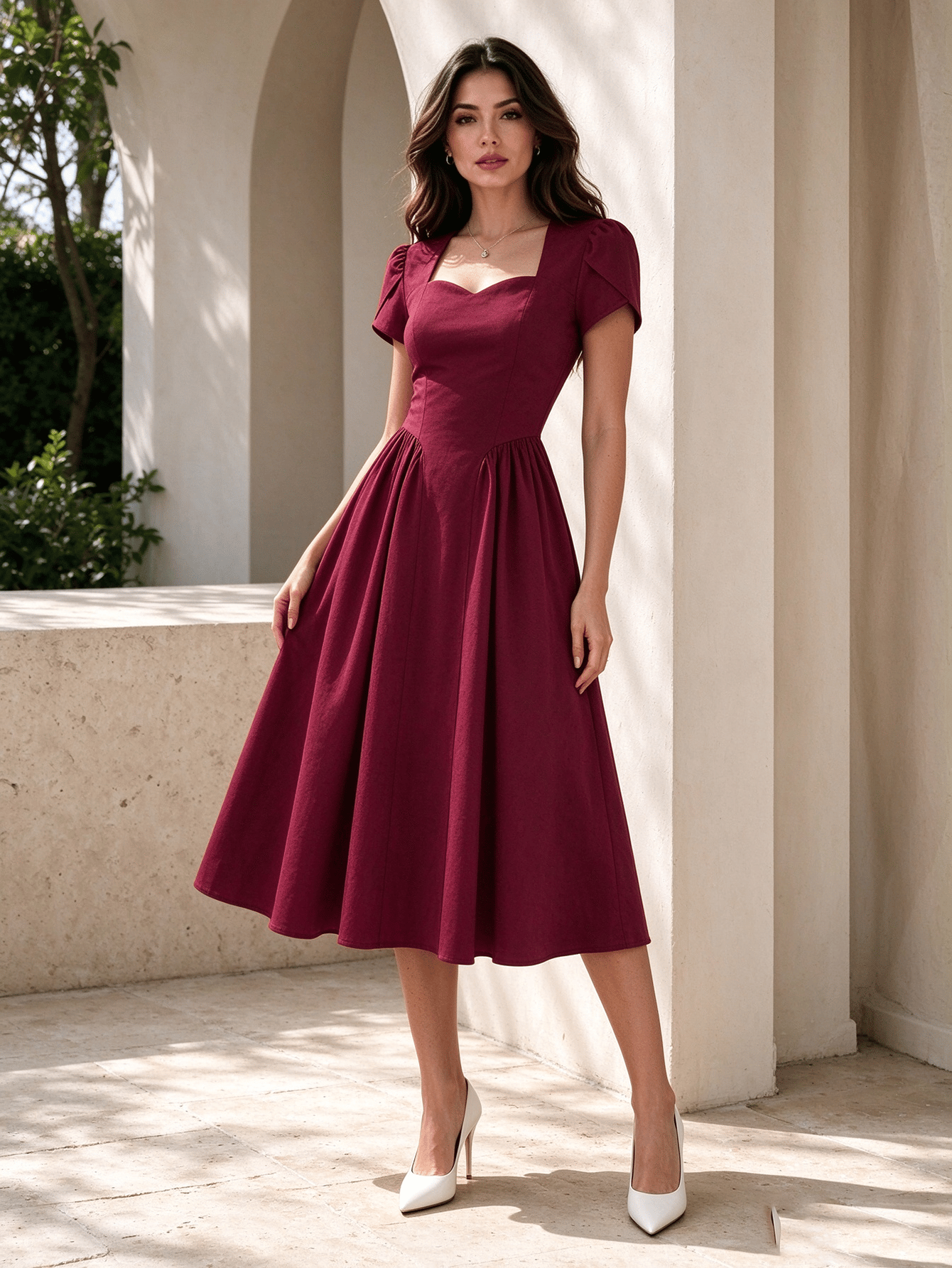 Burgundy Solid Sweetheart Neck Fit and Flare Midi Dress