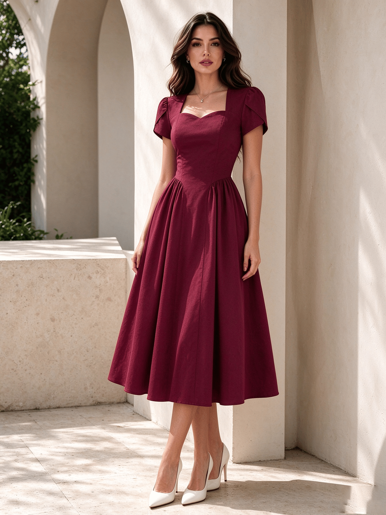 Burgundy Solid Sweetheart Neck Fit and Flare Midi Dress