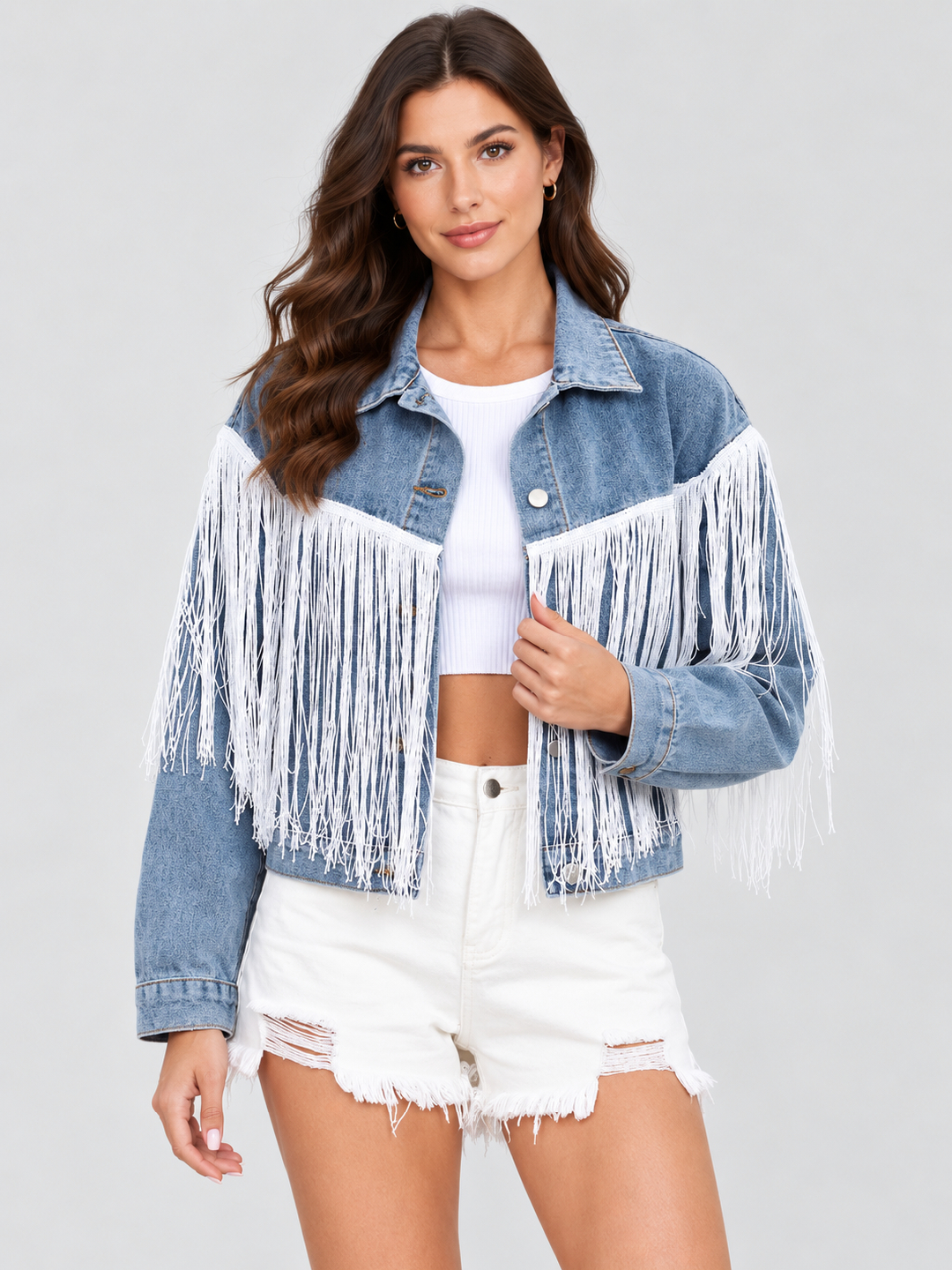 Blue Solid Regular Denim Jacket with Long Sleeves