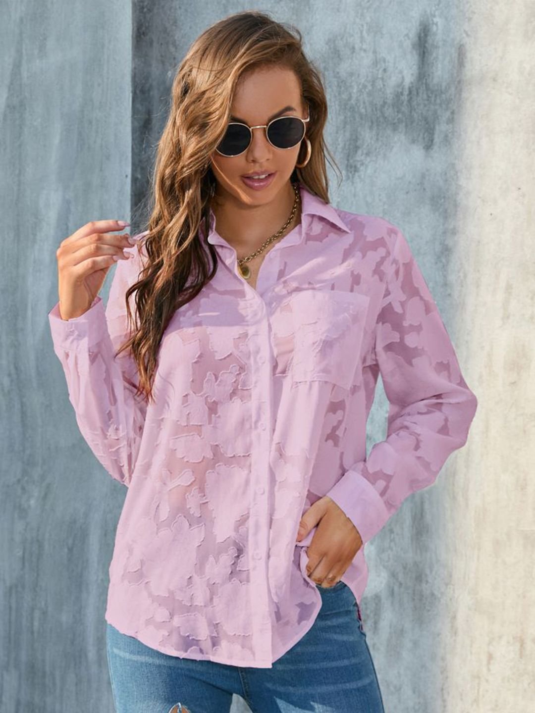 Pink Texture Long Sleeves Regular Shirt