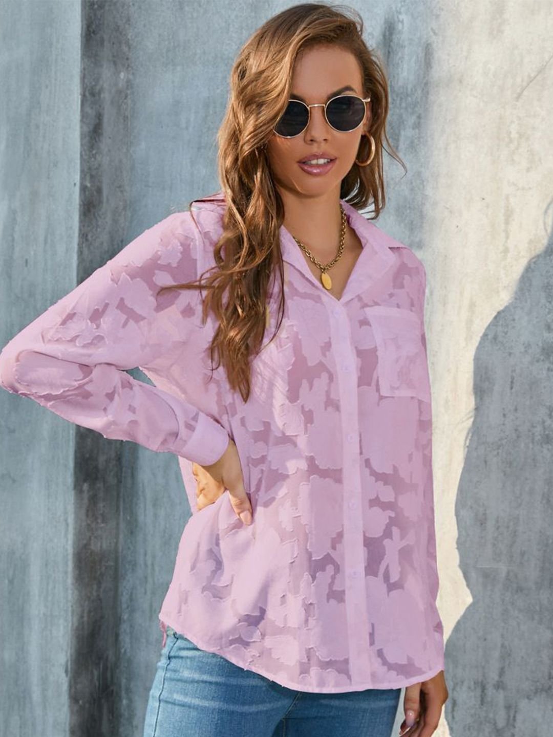 Pink Texture Long Sleeves Regular Shirt