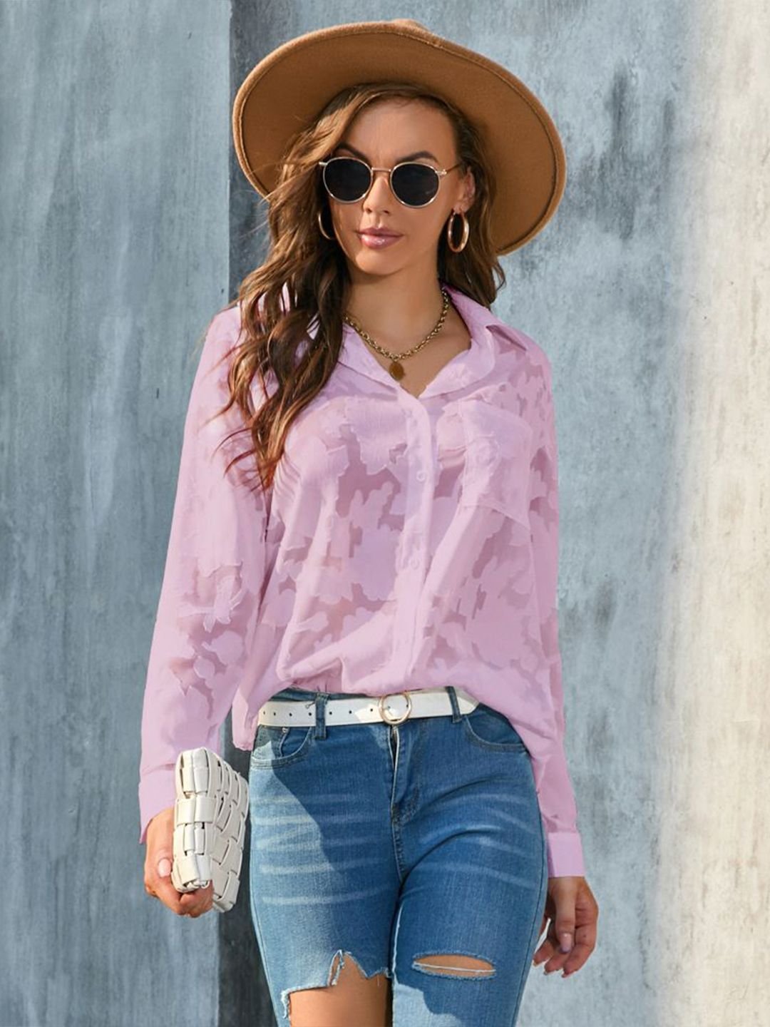 Pink Texture Long Sleeves Regular Shirt