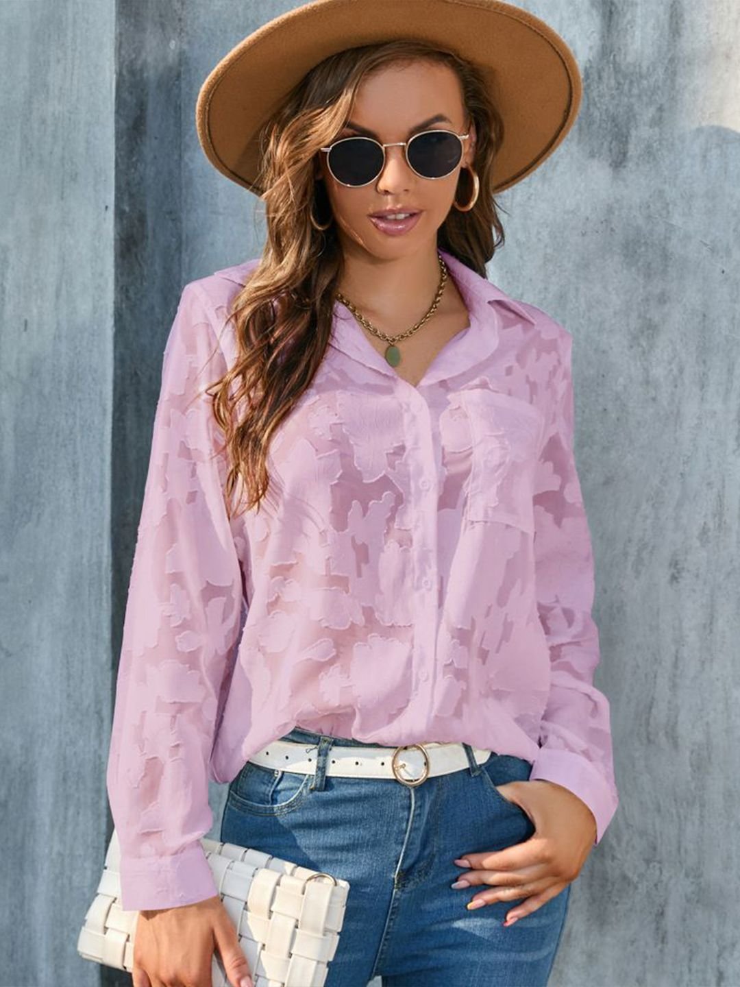 Pink Texture Long Sleeves Regular Shirt