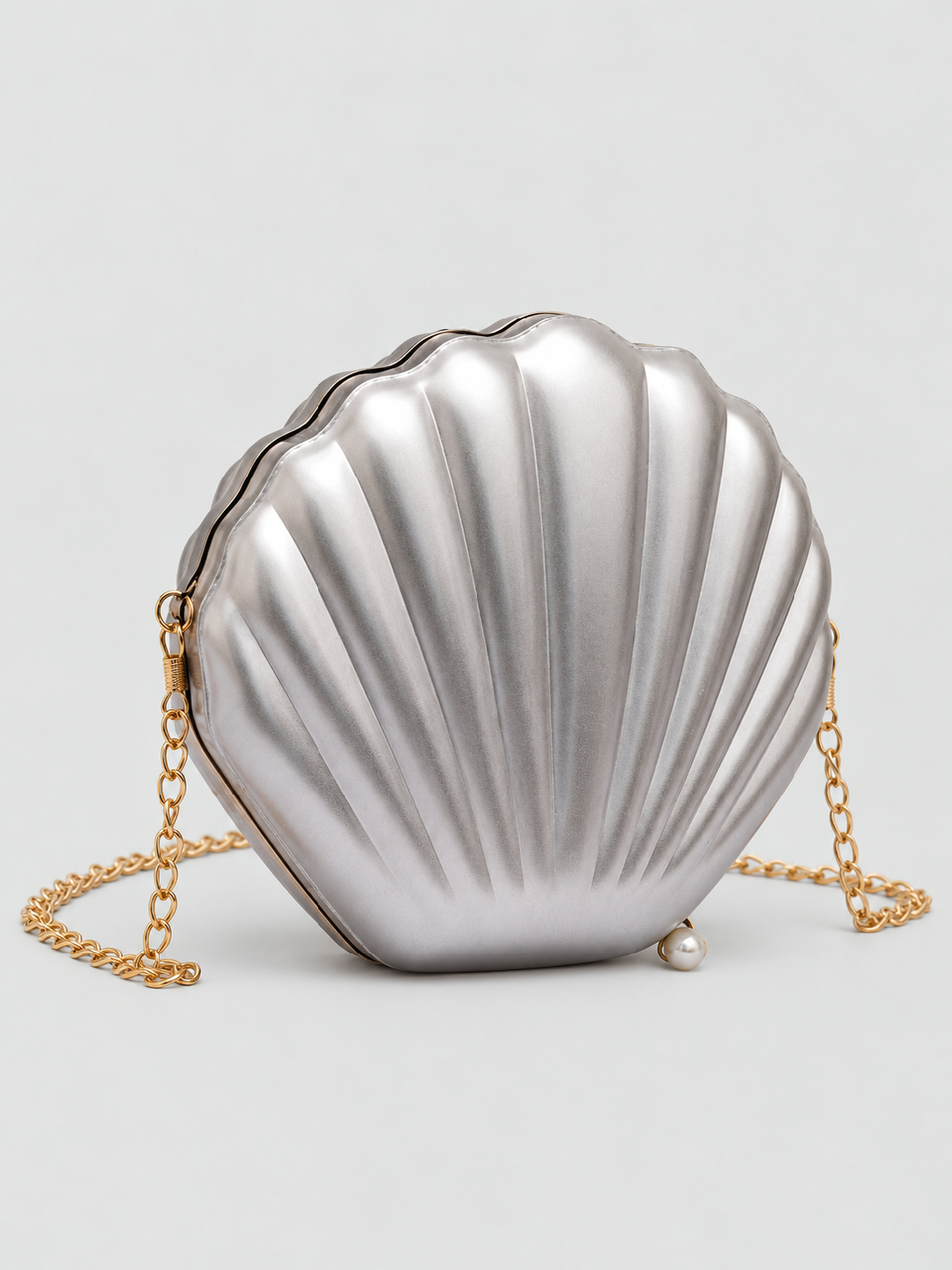 Silver Shell Shoulder Bag with Pearl Accent