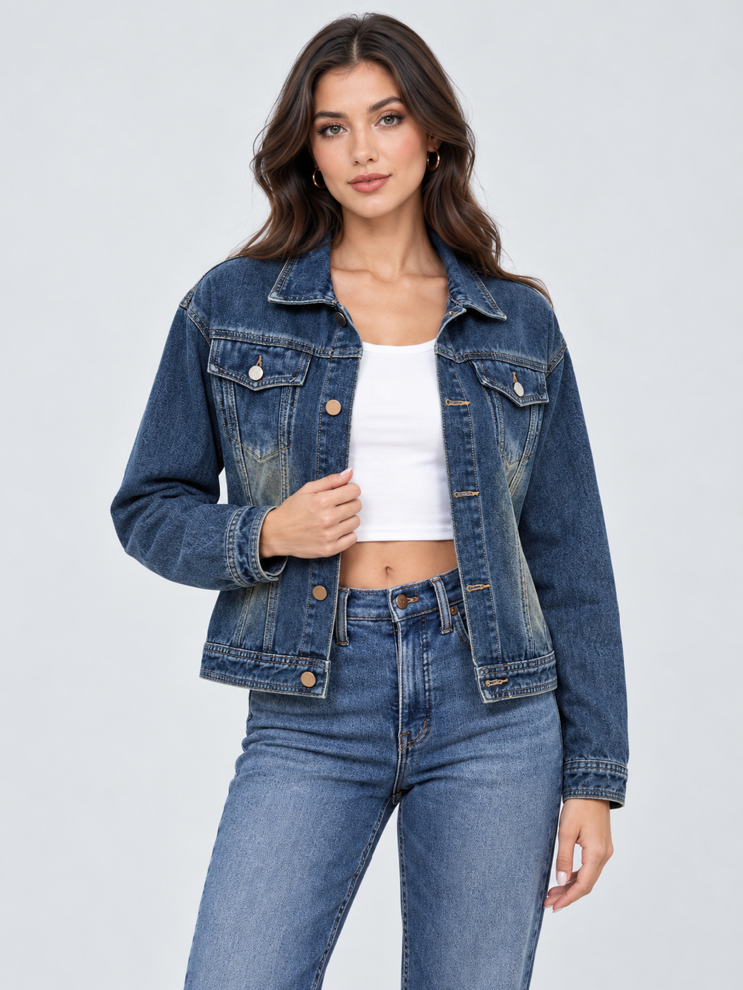 Blue Solid Regular Denim Jacket with Long Sleeves