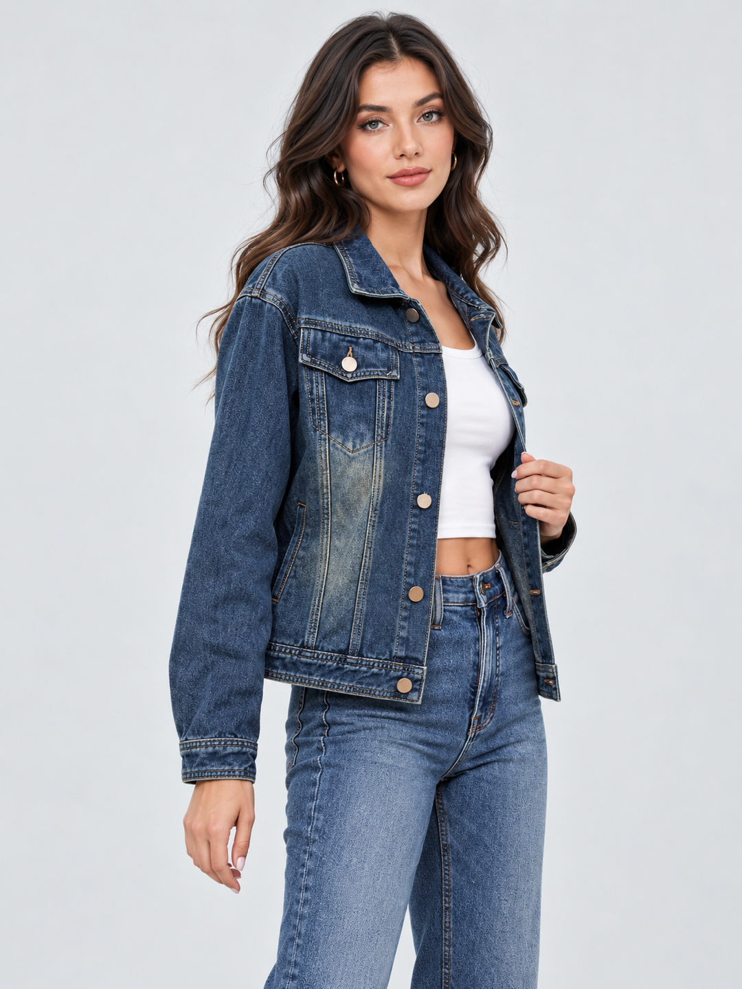 Blue Solid Regular Denim Jacket with Long Sleeves