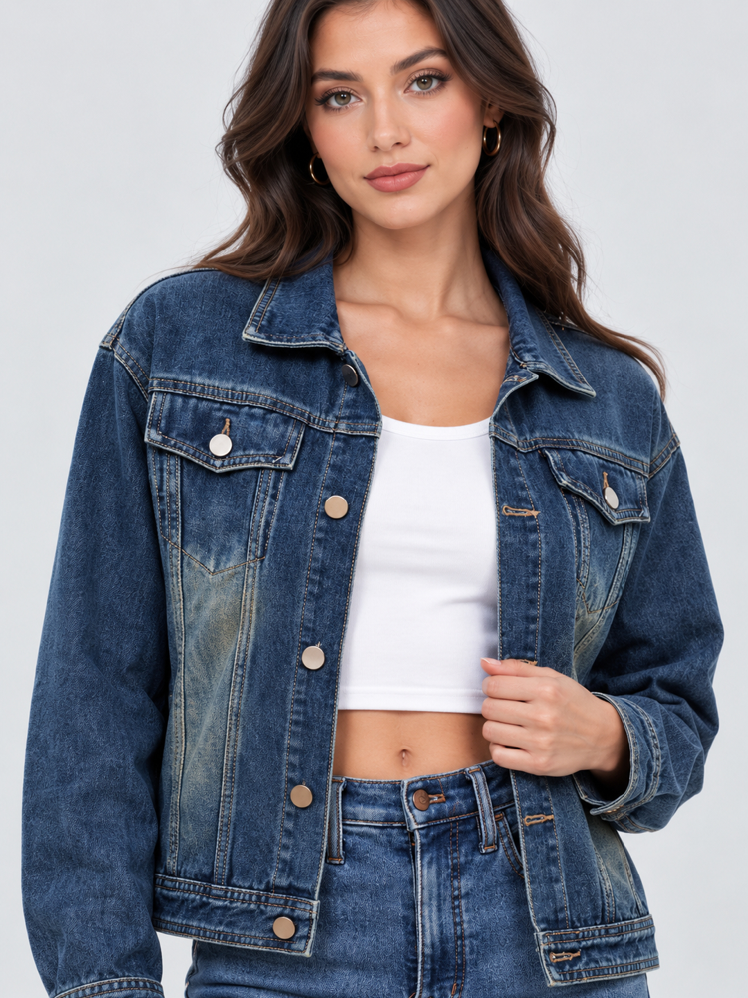 Blue Solid Regular Denim Jacket with Long Sleeves