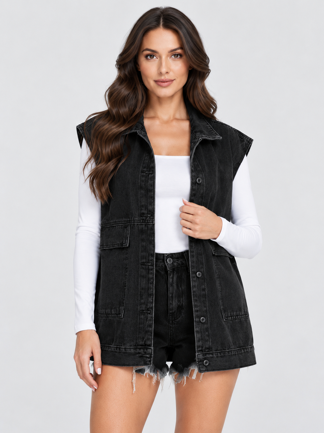 Black Solid Regular Denim Jacket with Sleeveless