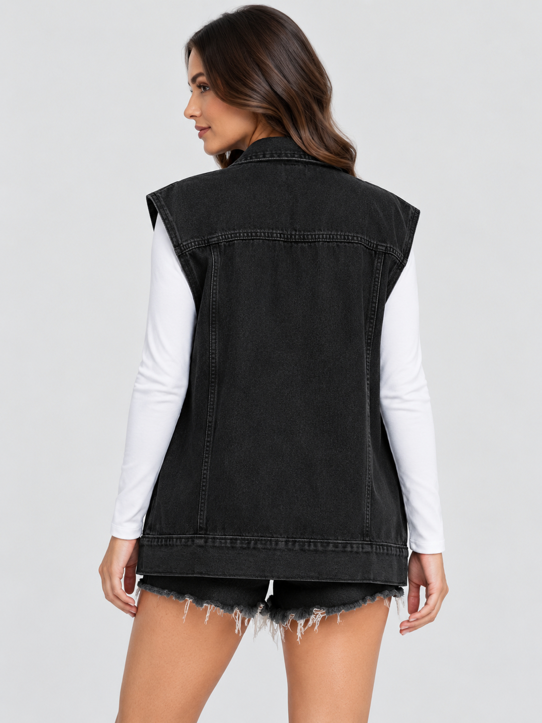 Black Solid Regular Denim Jacket with Sleeveless