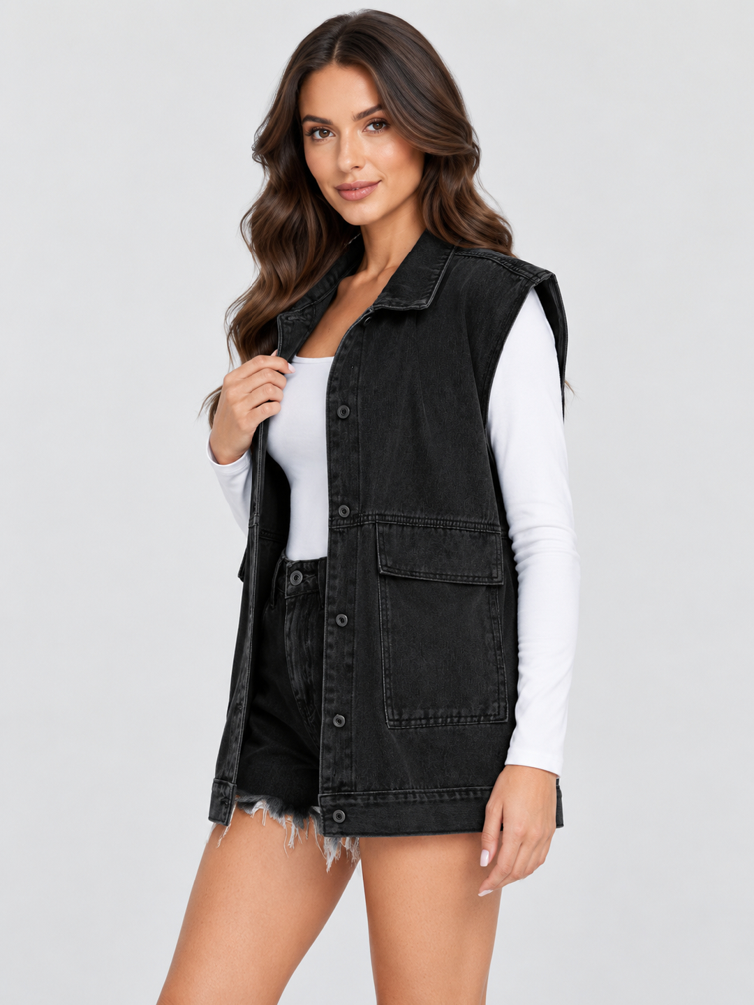 Black Solid Regular Denim Jacket with Sleeveless