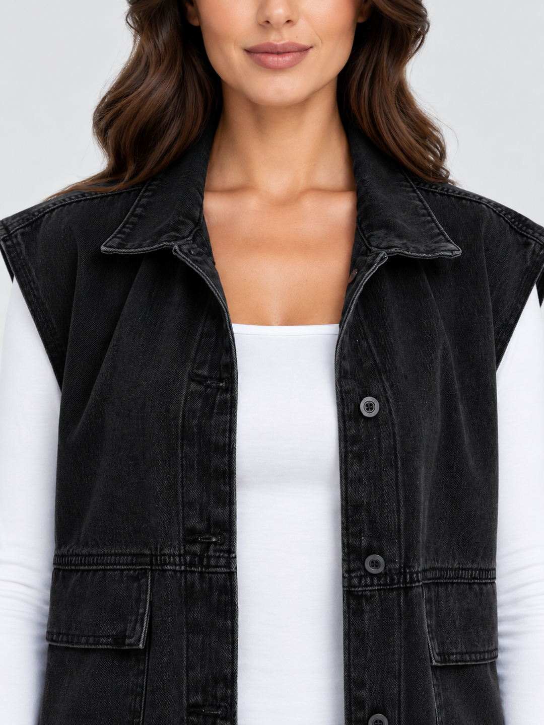 Black Solid Regular Denim Jacket with Sleeveless