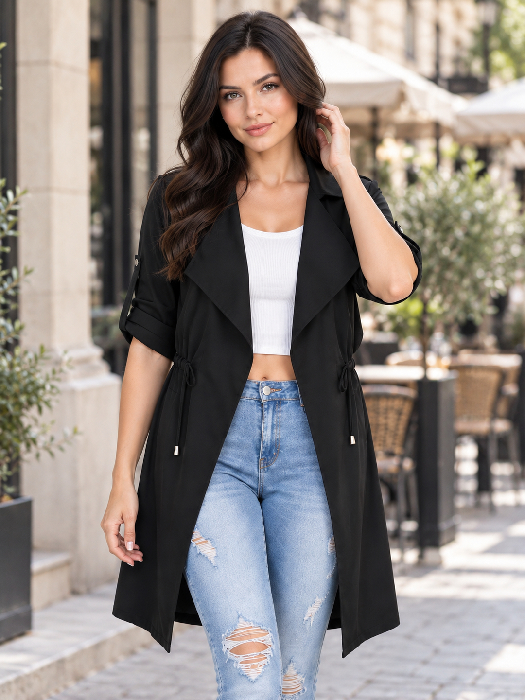 Black Solid Regular Jacket with Short Sleeves