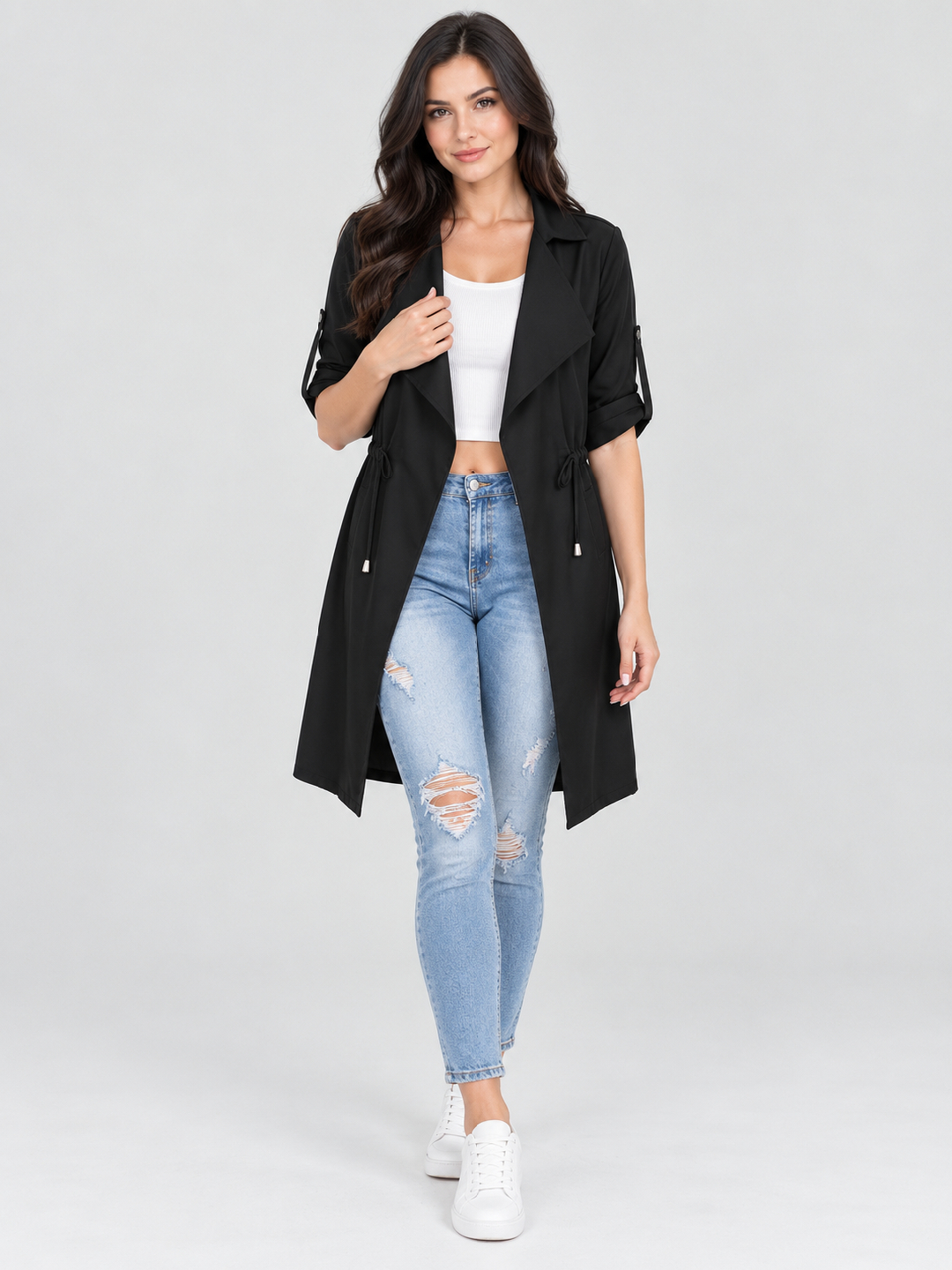 Black Solid Regular Jacket with Short Sleeves